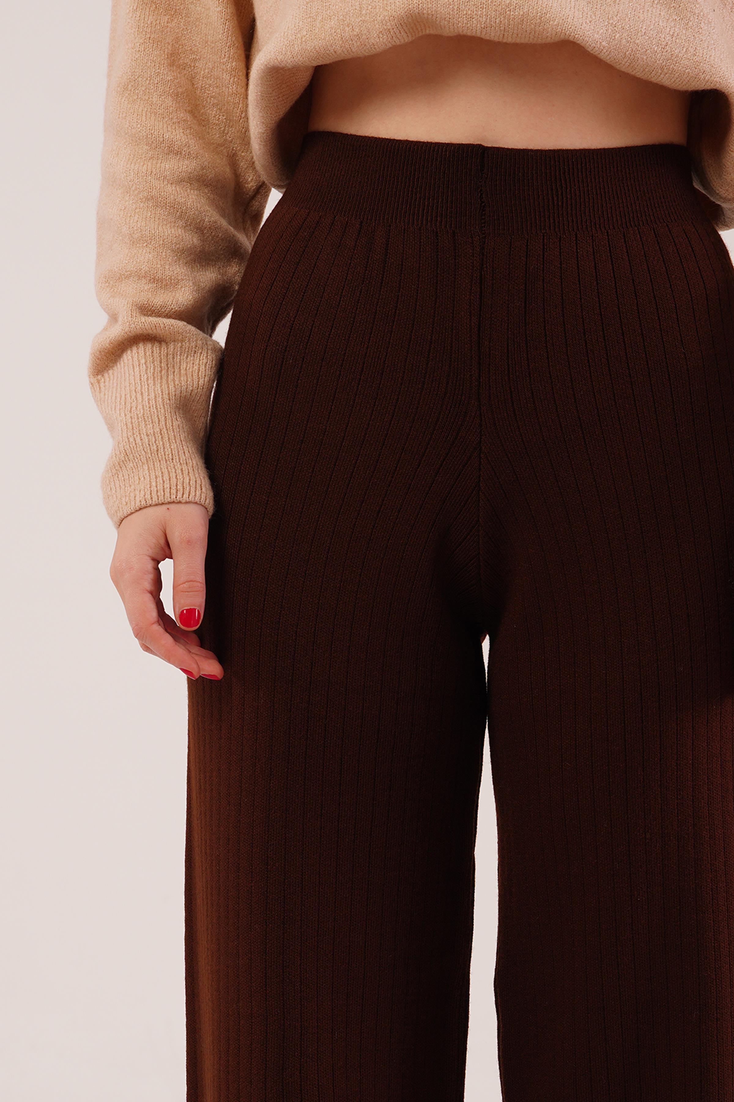 Fitilli Bel Lastikli Bol Paça Kahverengi Toptan Triko Pantolon