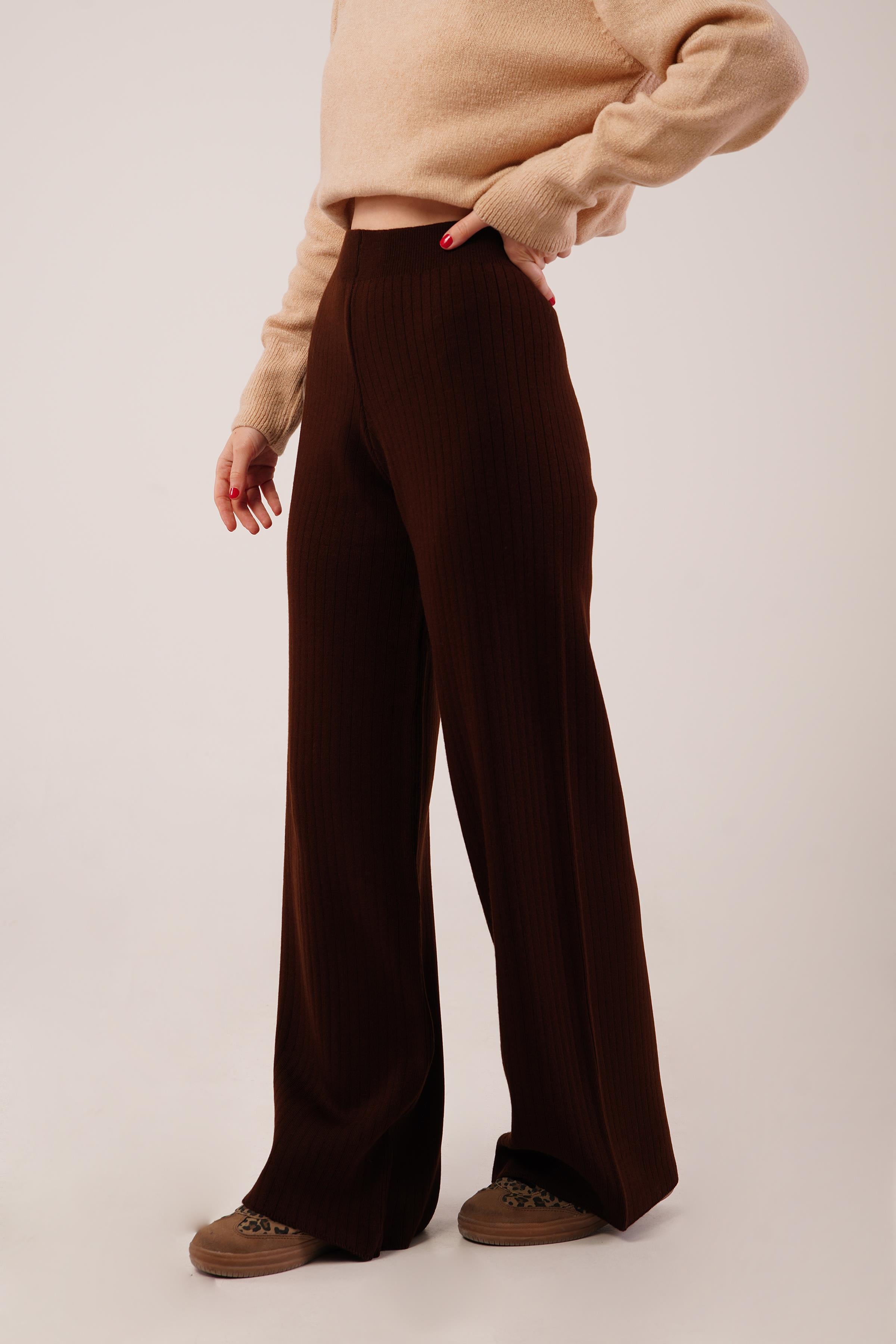 Fitilli Bel Lastikli Bol Paça Kahverengi Toptan Triko Pantolon