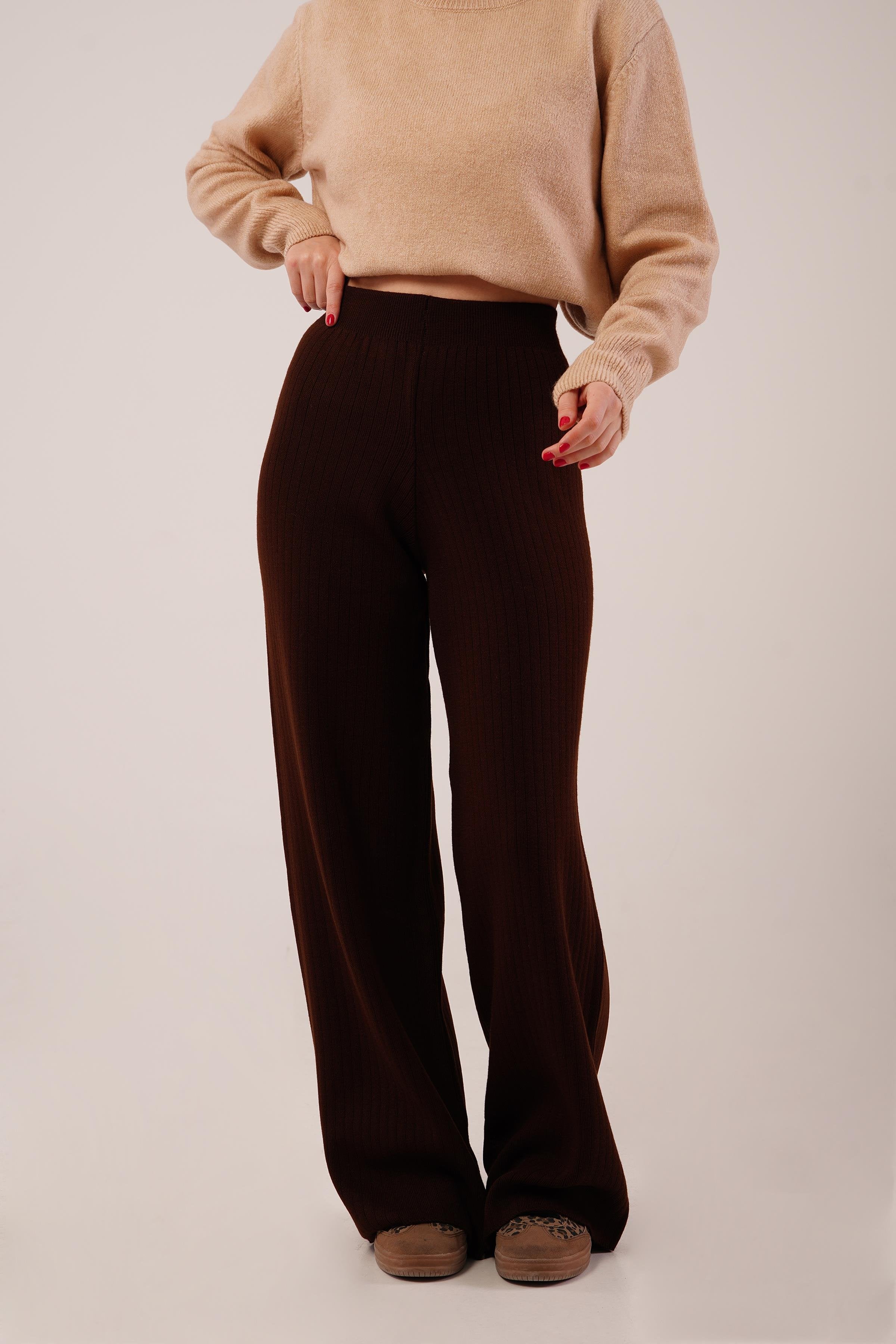 Fitilli Bel Lastikli Bol Paça Kahverengi Toptan Triko Pantolon