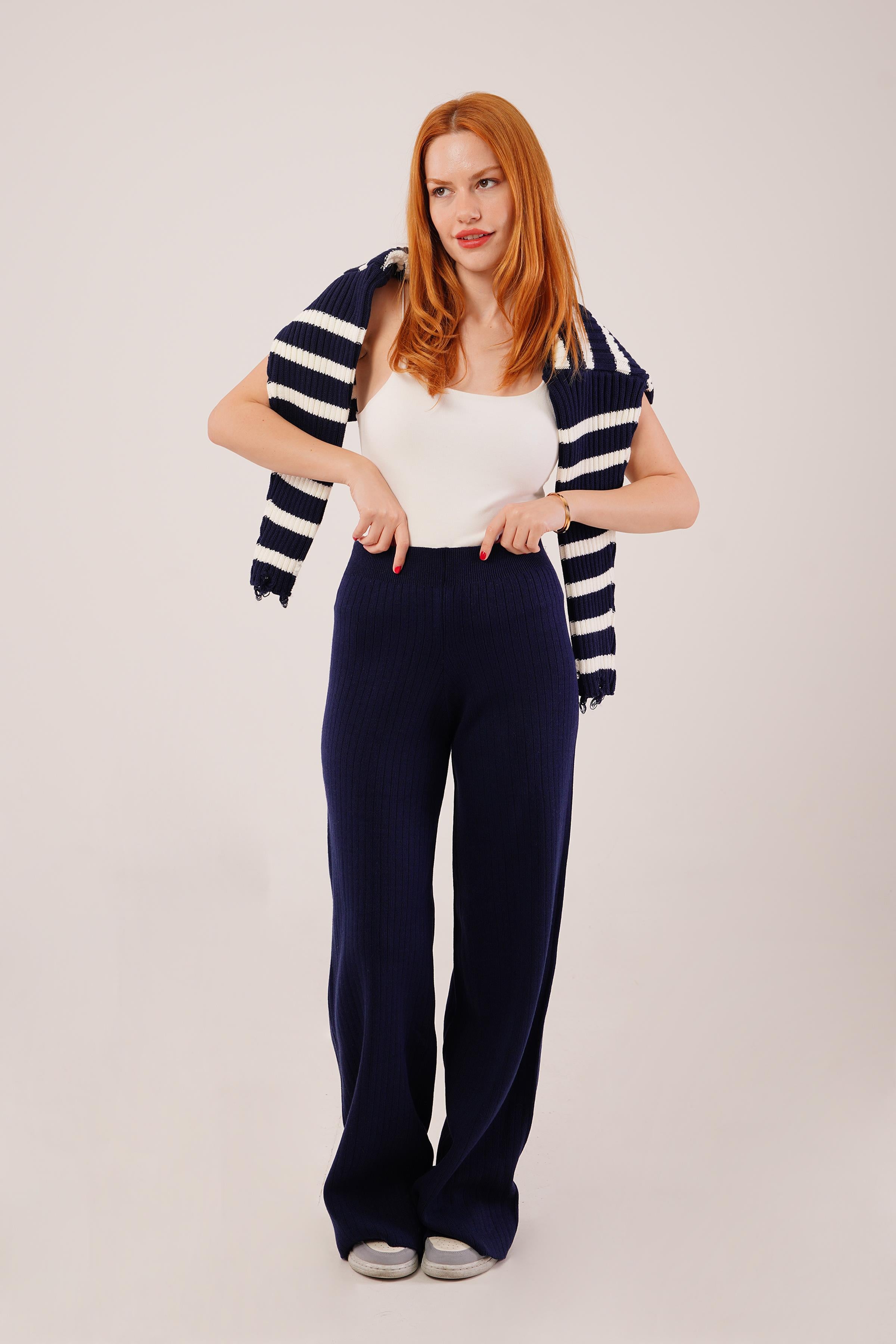 Fitilli Bel Lastikli Bol Paça Lacivert Toptan Triko Pantolon