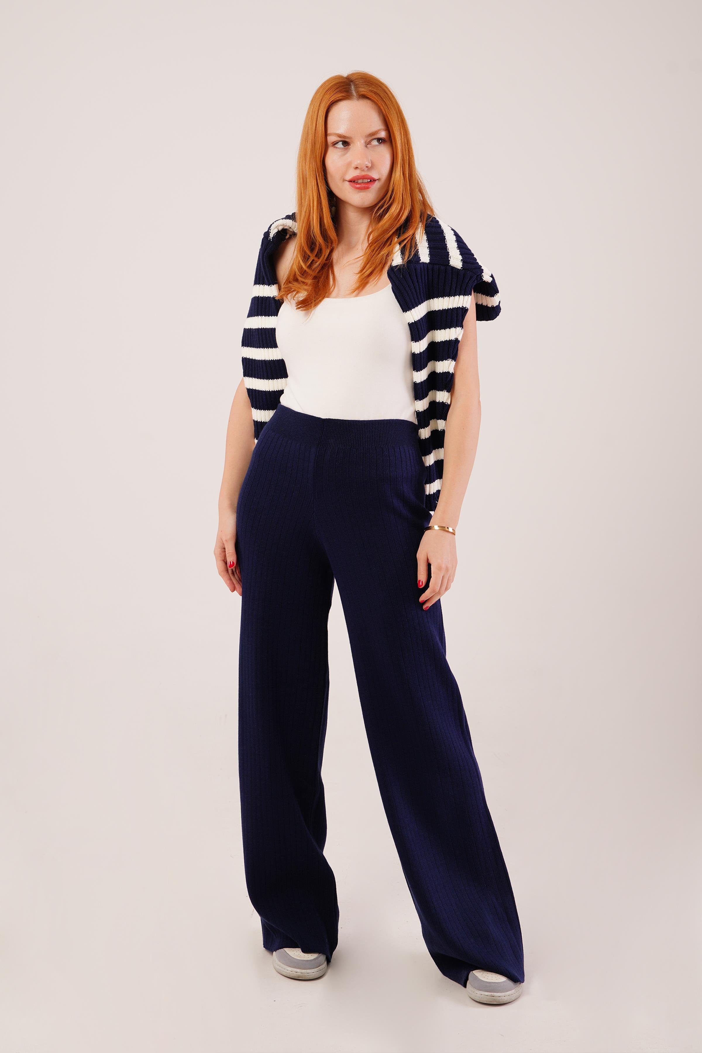 Fitilli Bel Lastikli Bol Paça Lacivert Toptan Triko Pantolon Lacivert STD