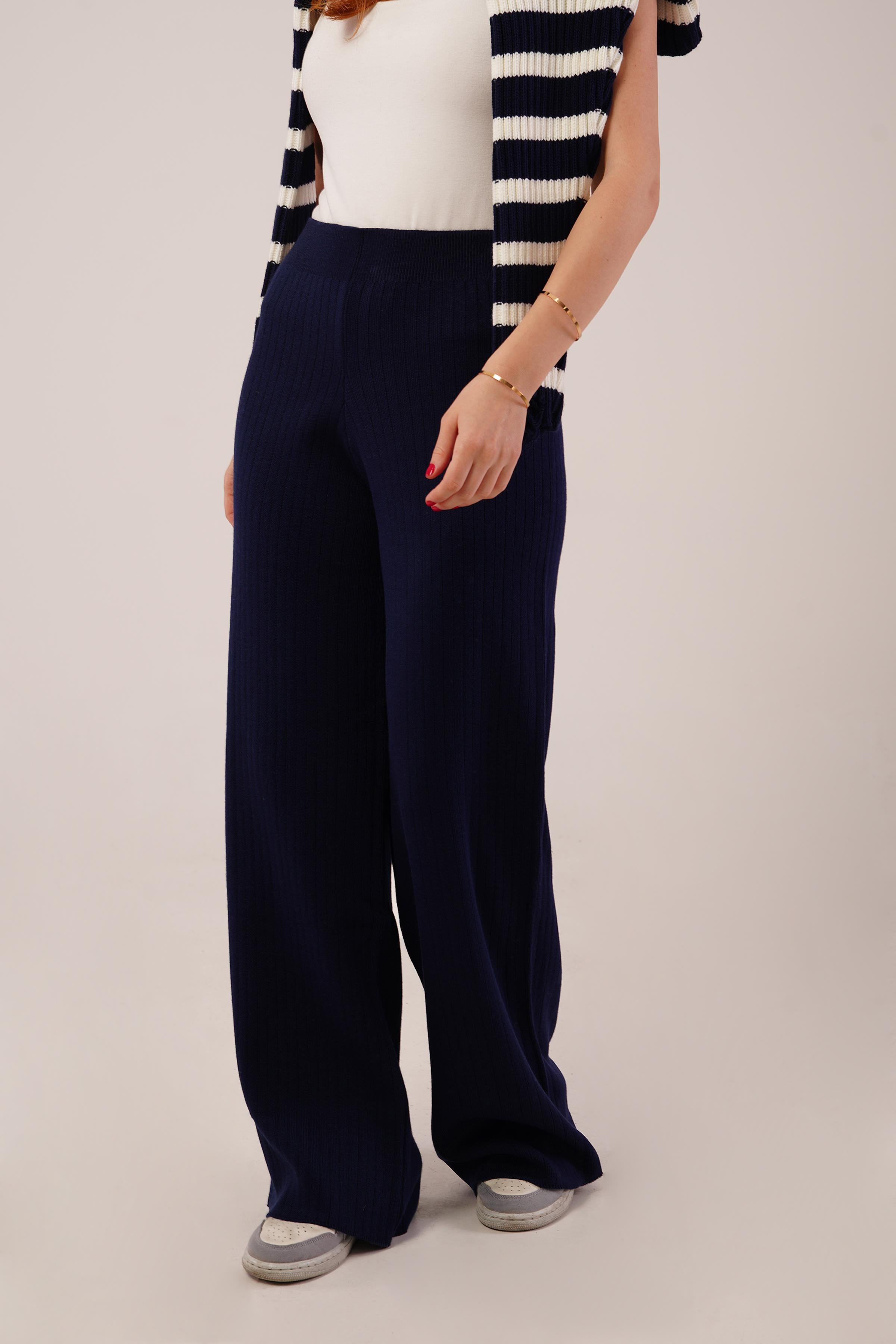 Fitilli Bel Lastikli Bol Paça Lacivert Toptan Triko Pantolon