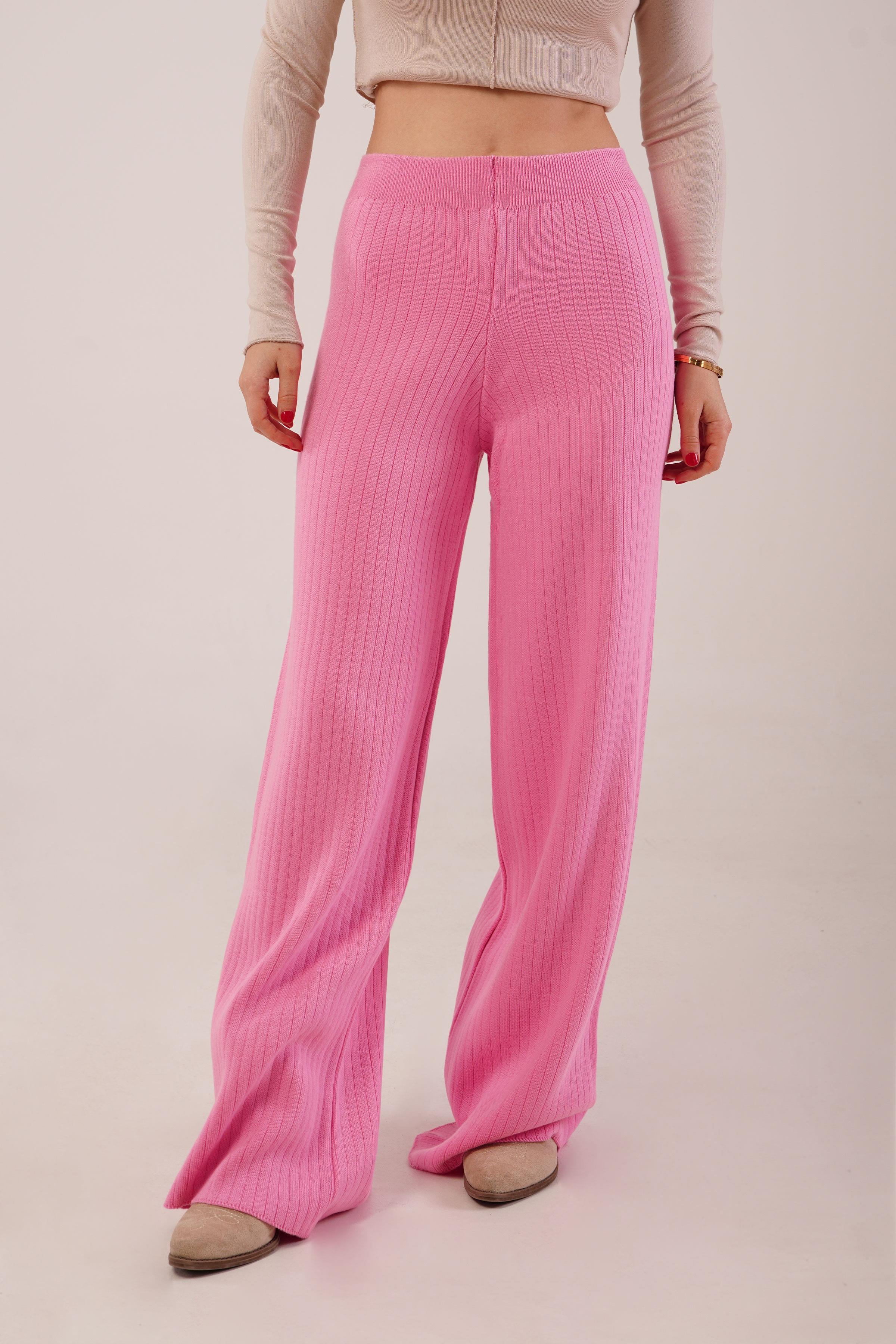 Fitilli Bel Lastikli Bol Paça Pembe Toptan Triko Pantolon