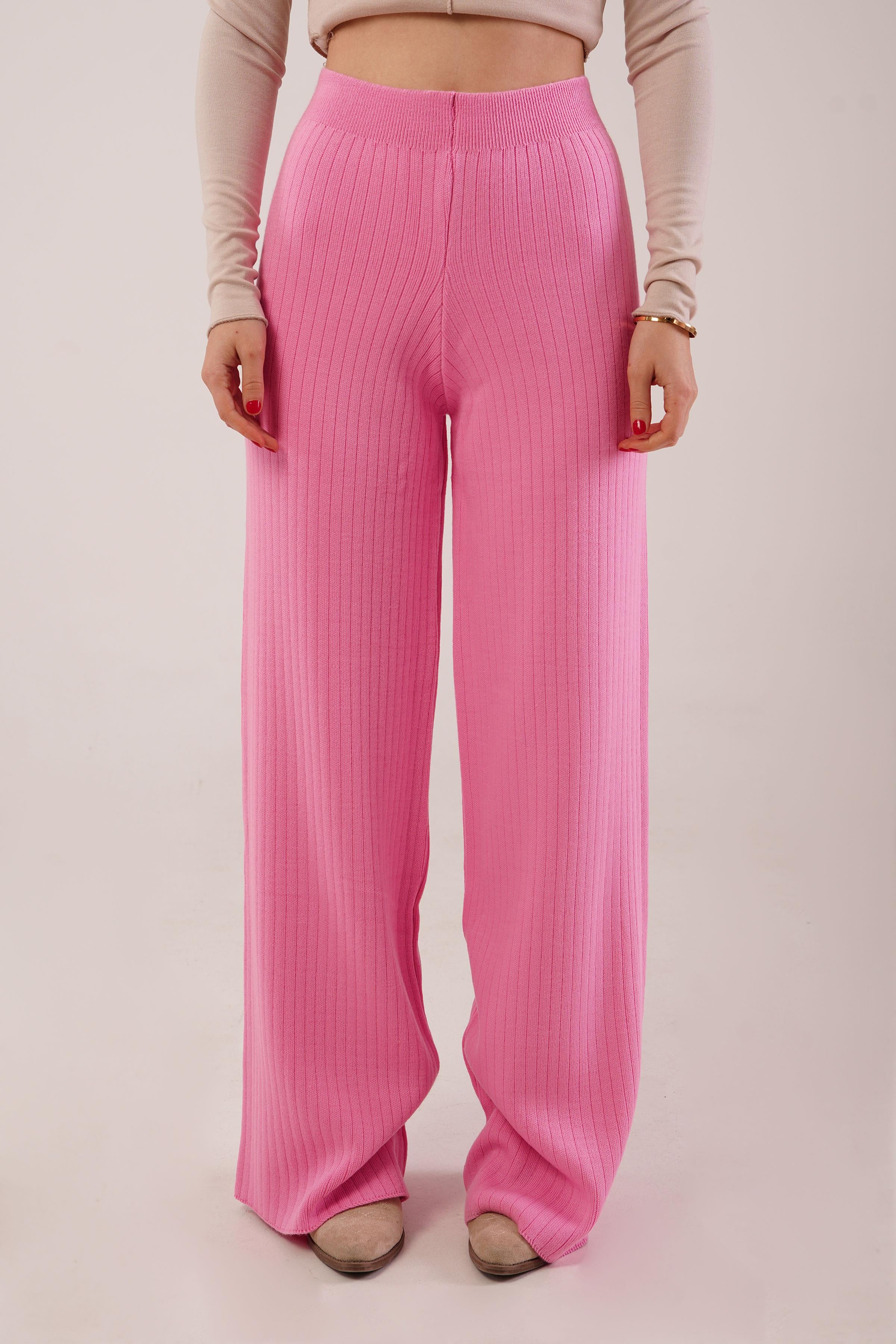 Fitilli Bel Lastikli Bol Paça Pembe Toptan Triko Pantolon