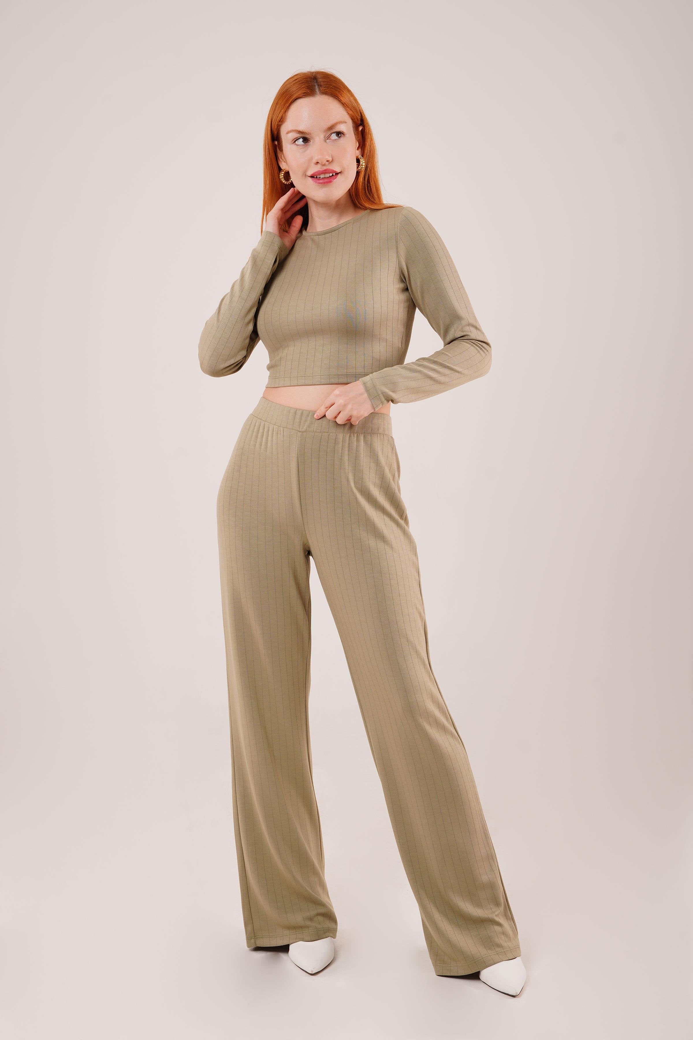 Fitilli Bluz Ve Pantolon Yeşil İkili Takım