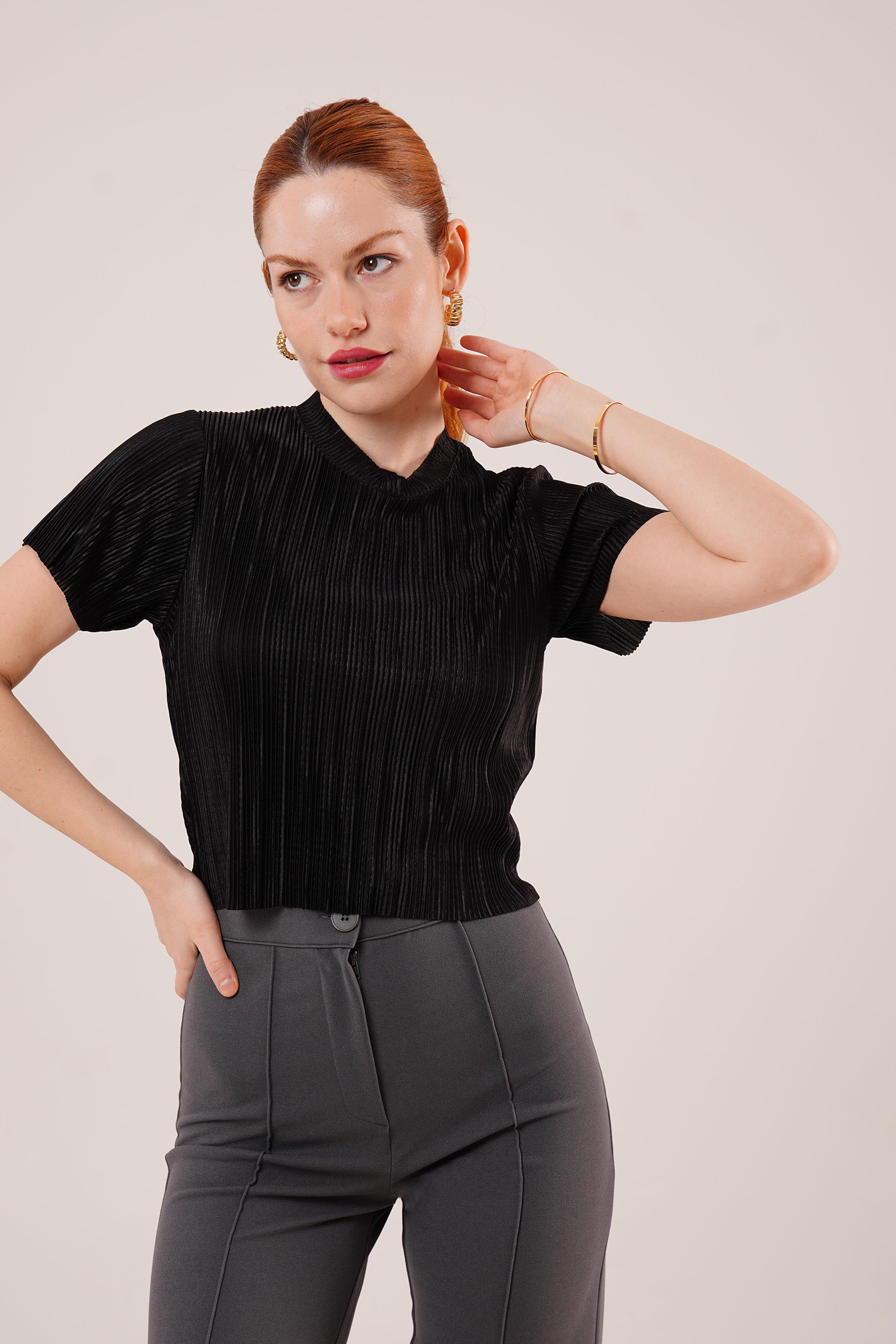 Fitilli Kısa Kollu Parlak Toptan Siyah Bluz Siyah S