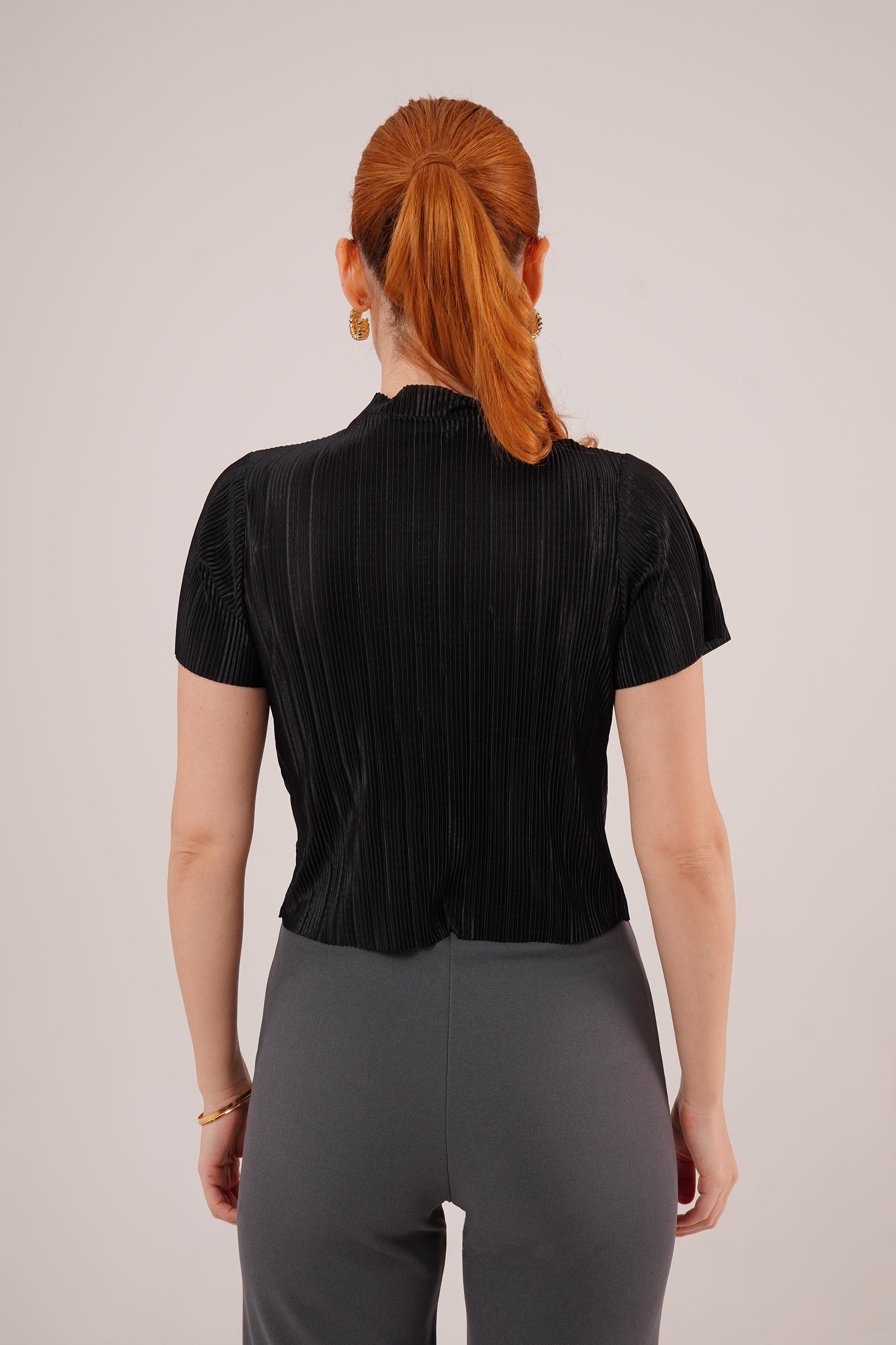 Fitilli Kısa Kollu Parlak Toptan Siyah Bluz