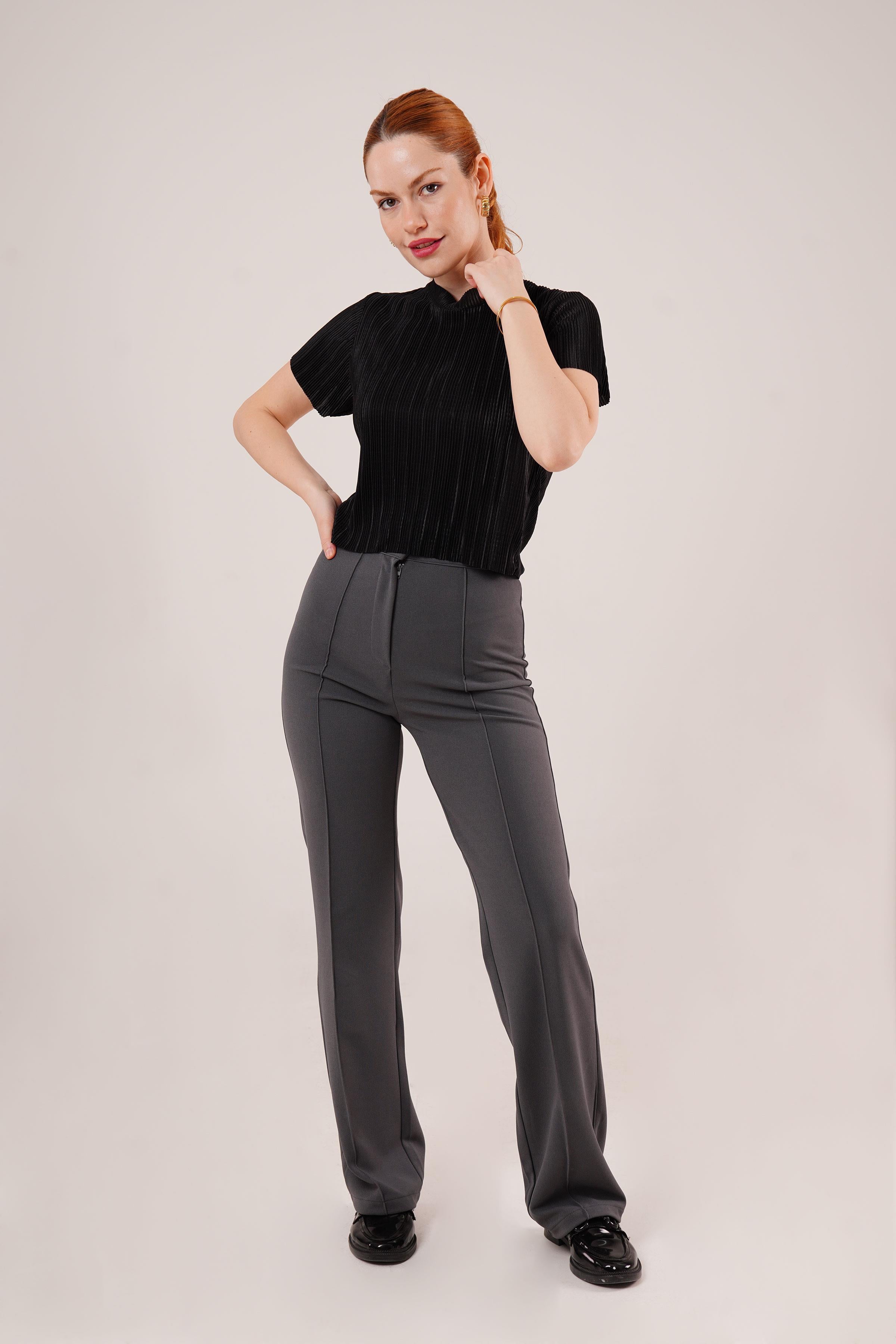 Fitilli Kısa Kollu Parlak Toptan Siyah Bluz