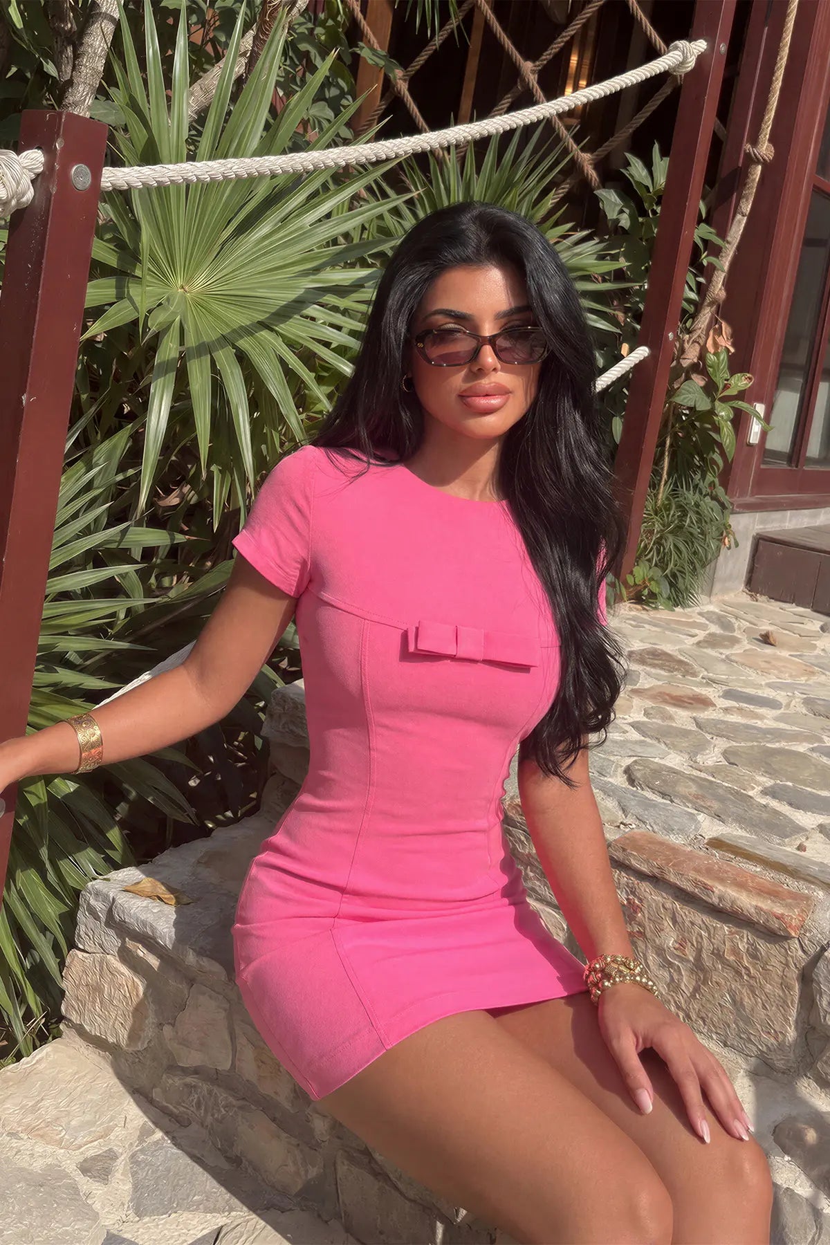 Fuchsia Ynise Mini Dress with Bow Detail