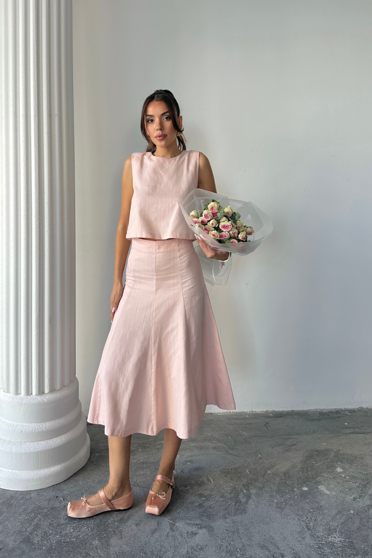 GABARDİN KOLSUZ BLUZ - PARÇALI ÇAN ETEK TAKIM - Pudra