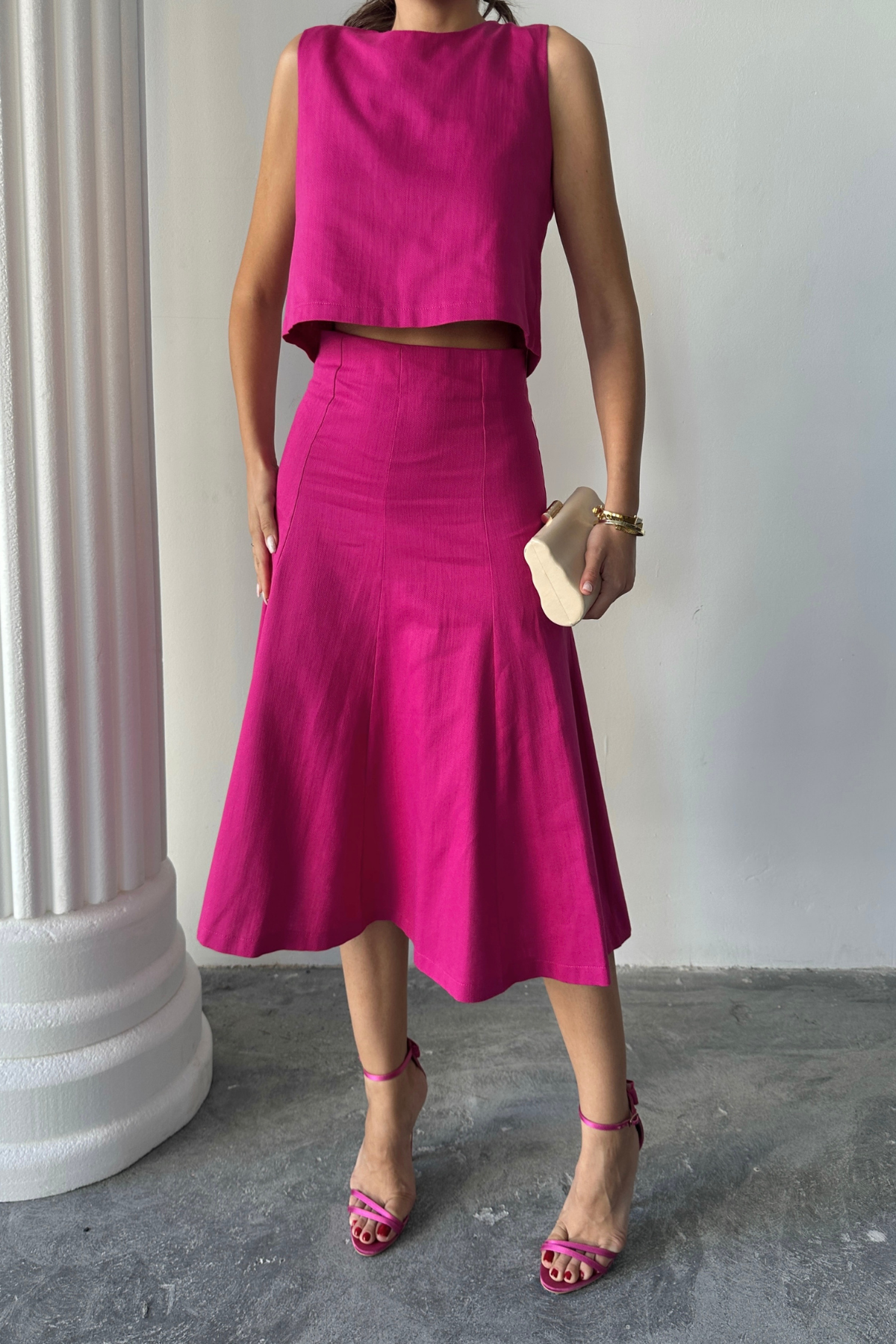 GABARDİN KOLSUZ BLUZ - PARÇALI ÇAN ETEK TAKIM - Fuşya