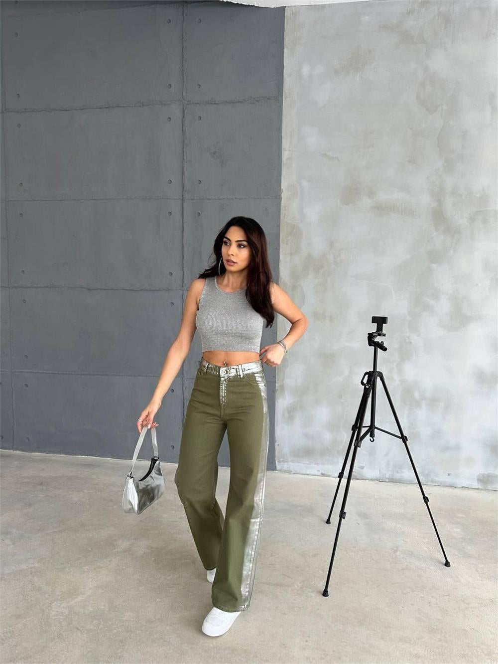 GABARDİN PALAZZO PANTOLON - Haki