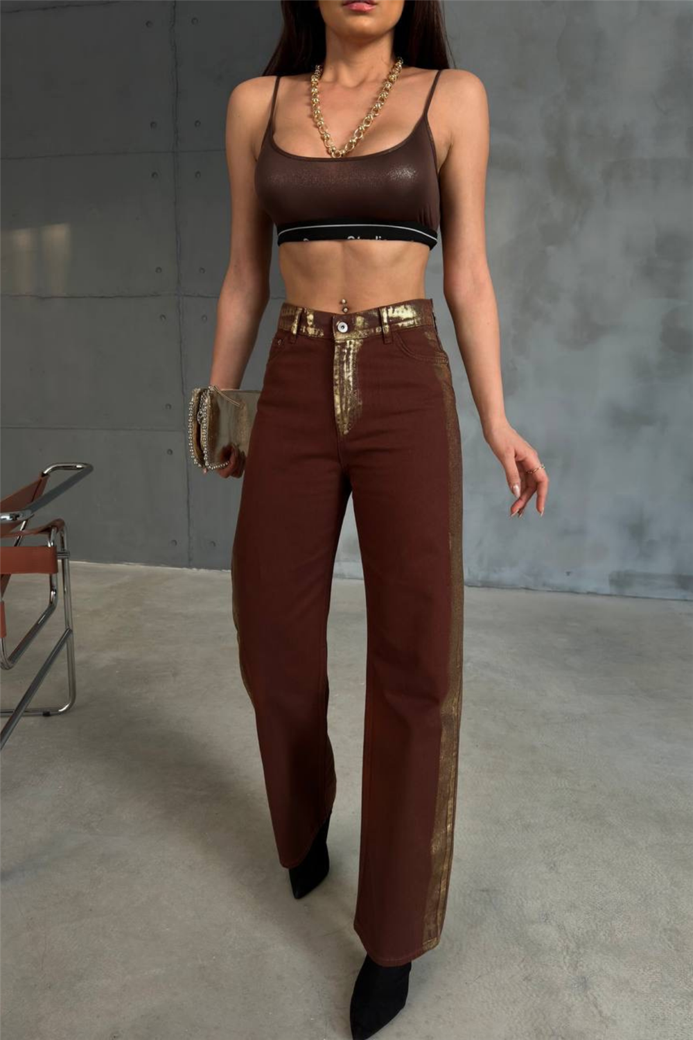 GABARDİN PALAZZO PANTOLON - Kahverengi