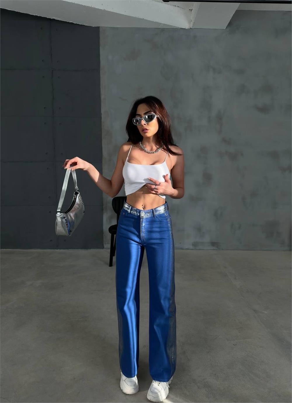 GABARDİN PALAZZO PANTOLON - Mavi