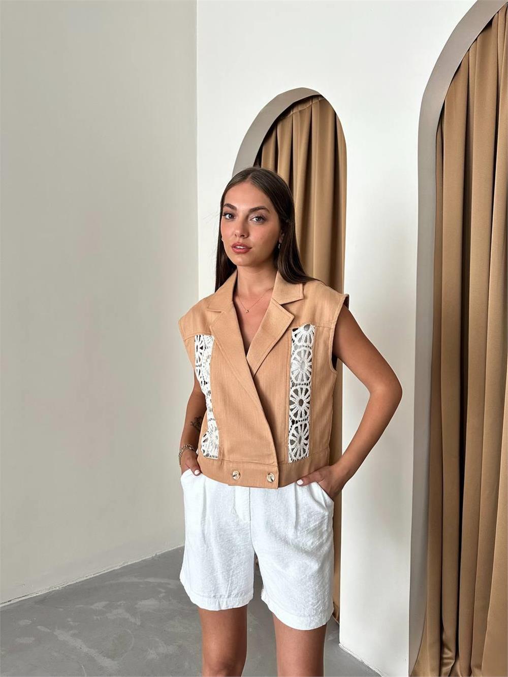 GABARDİN YELEK DANTEL DETAYLI - Kahverengi
