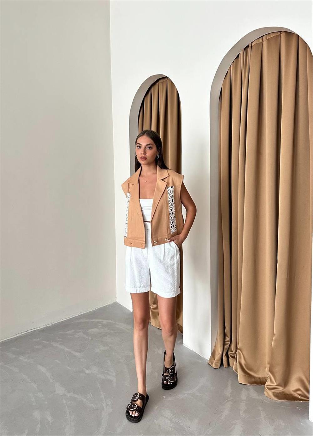 GABARDİN YELEK DANTEL DETAYLI - Kahverengi