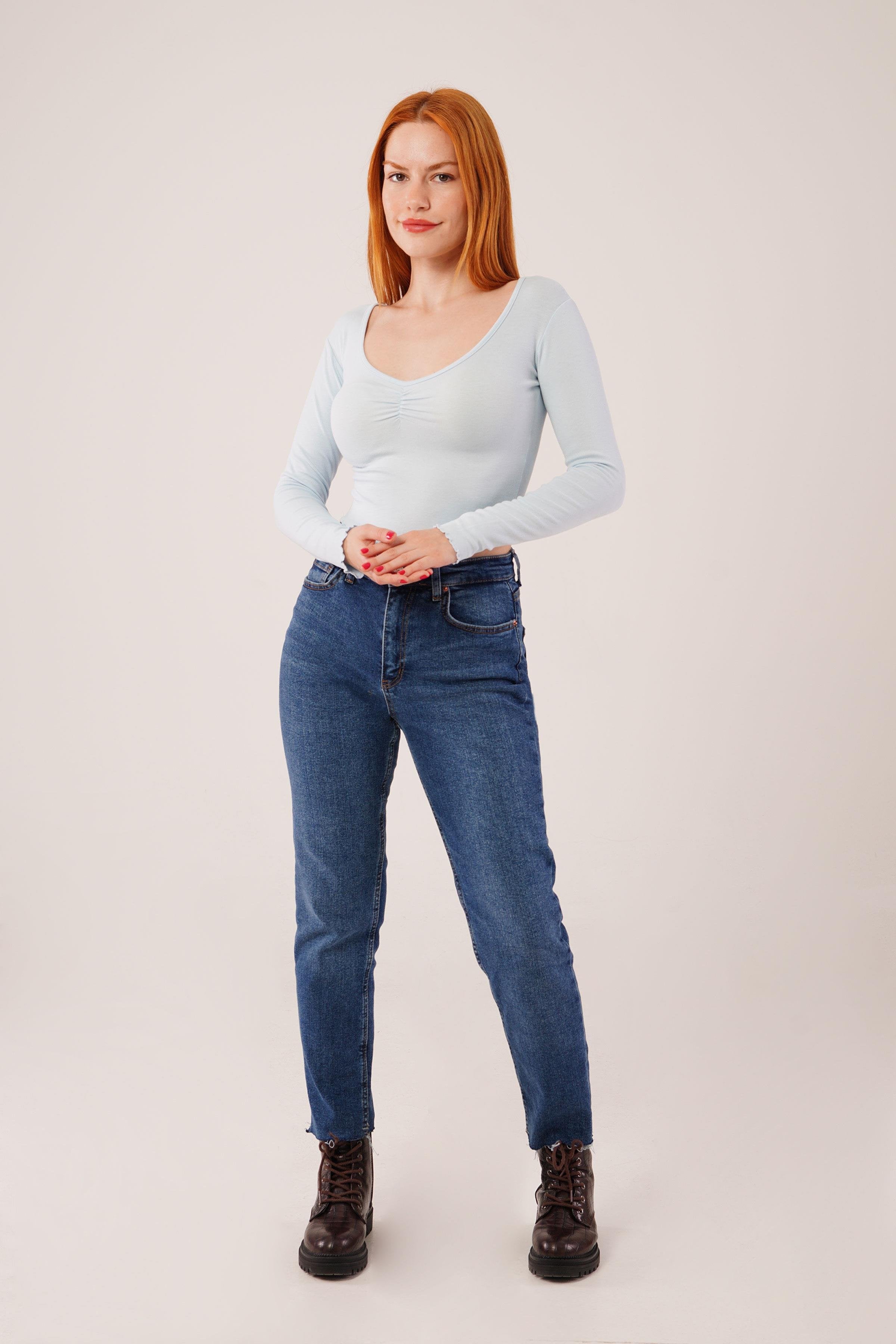 Geniş Yaka Bebe Mavisi Toptan Basic Body Bluz