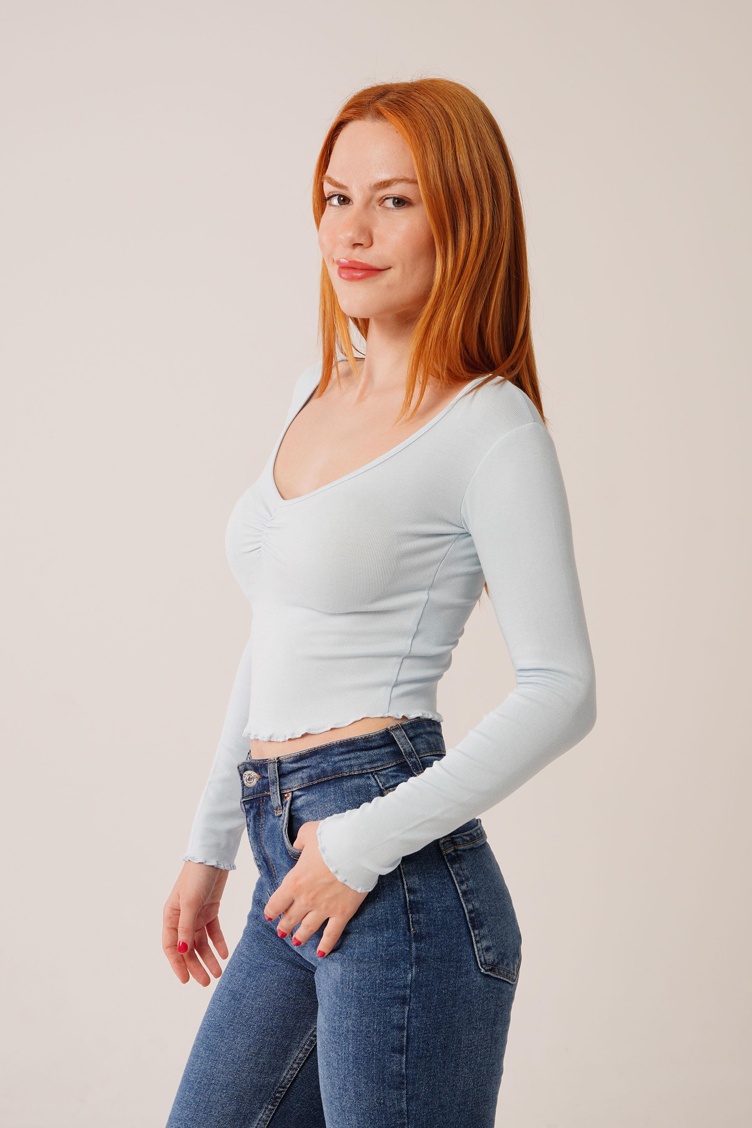 Geniş Yaka Bebe Mavisi Toptan Basic Body Bluz