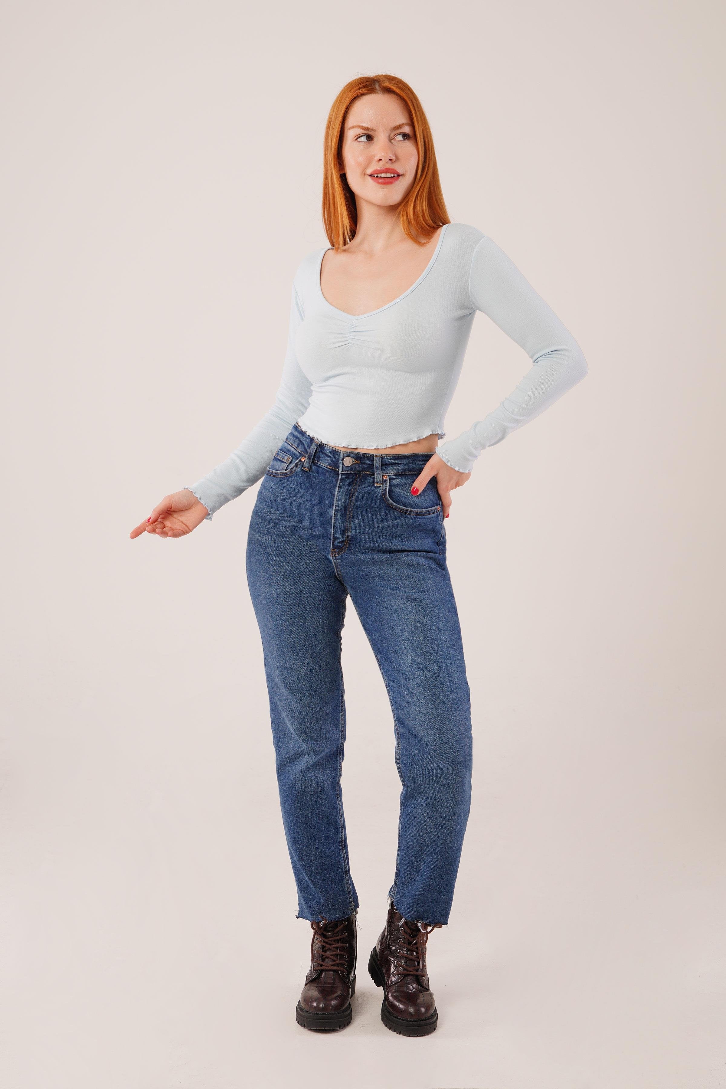 Geniş Yaka Bebe Mavisi Toptan Basic Body Bluz