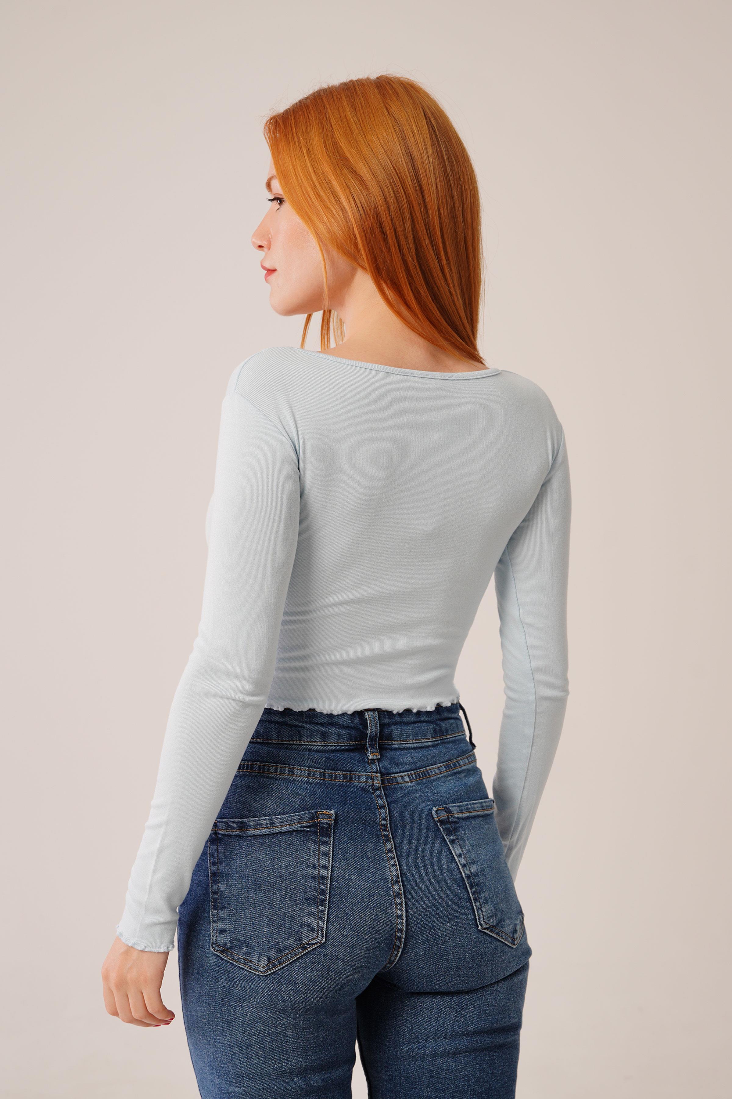 Geniş Yaka Bebe Mavisi Toptan Basic Body Bluz