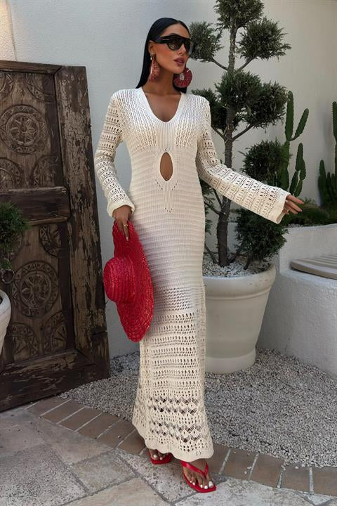 Göbek Dekolteli Ajurlu Elbise 2835 EKRU STD