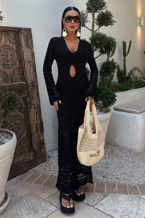 Göbek Dekolteli Ajurlu Elbise 2835 SİYAH STD