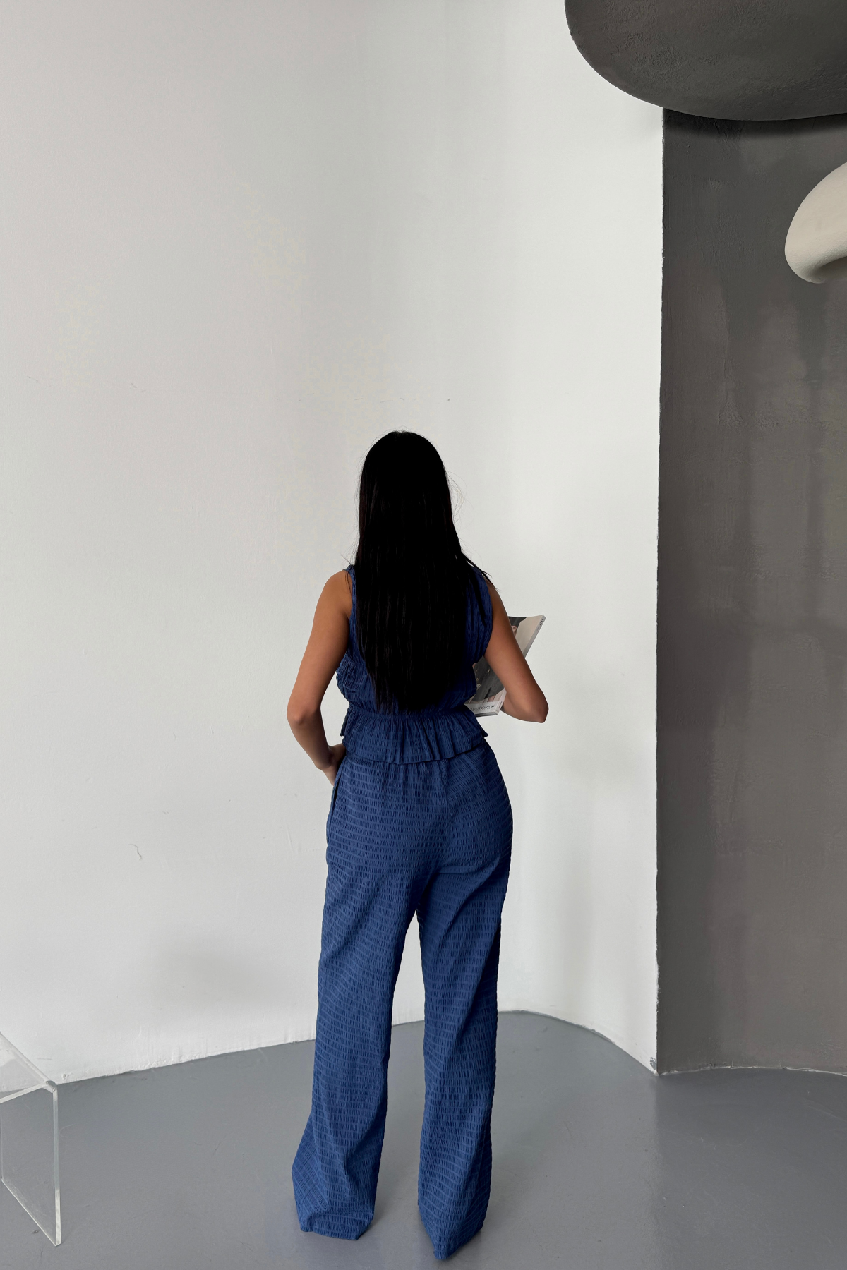 GOFRE BLUZ-PANTOLON TK KURDELE DETAYLI - Mavi