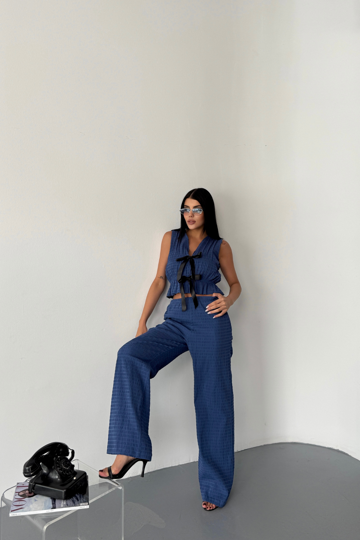 GOFRE BLUZ-PANTOLON TK KURDELE DETAYLI - Mavi