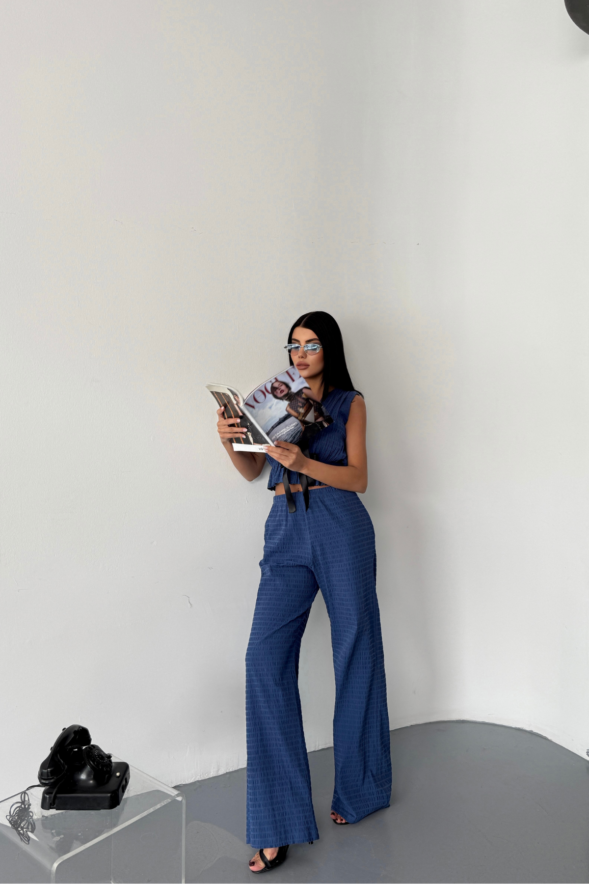 GOFRE BLUZ-PANTOLON TK KURDELE DETAYLI - Mavi