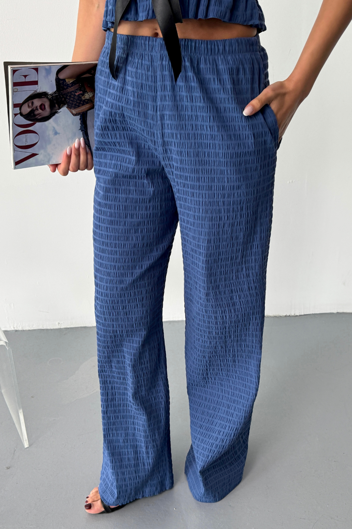 GOFRE BLUZ-PANTOLON TK KURDELE DETAYLI - Mavi