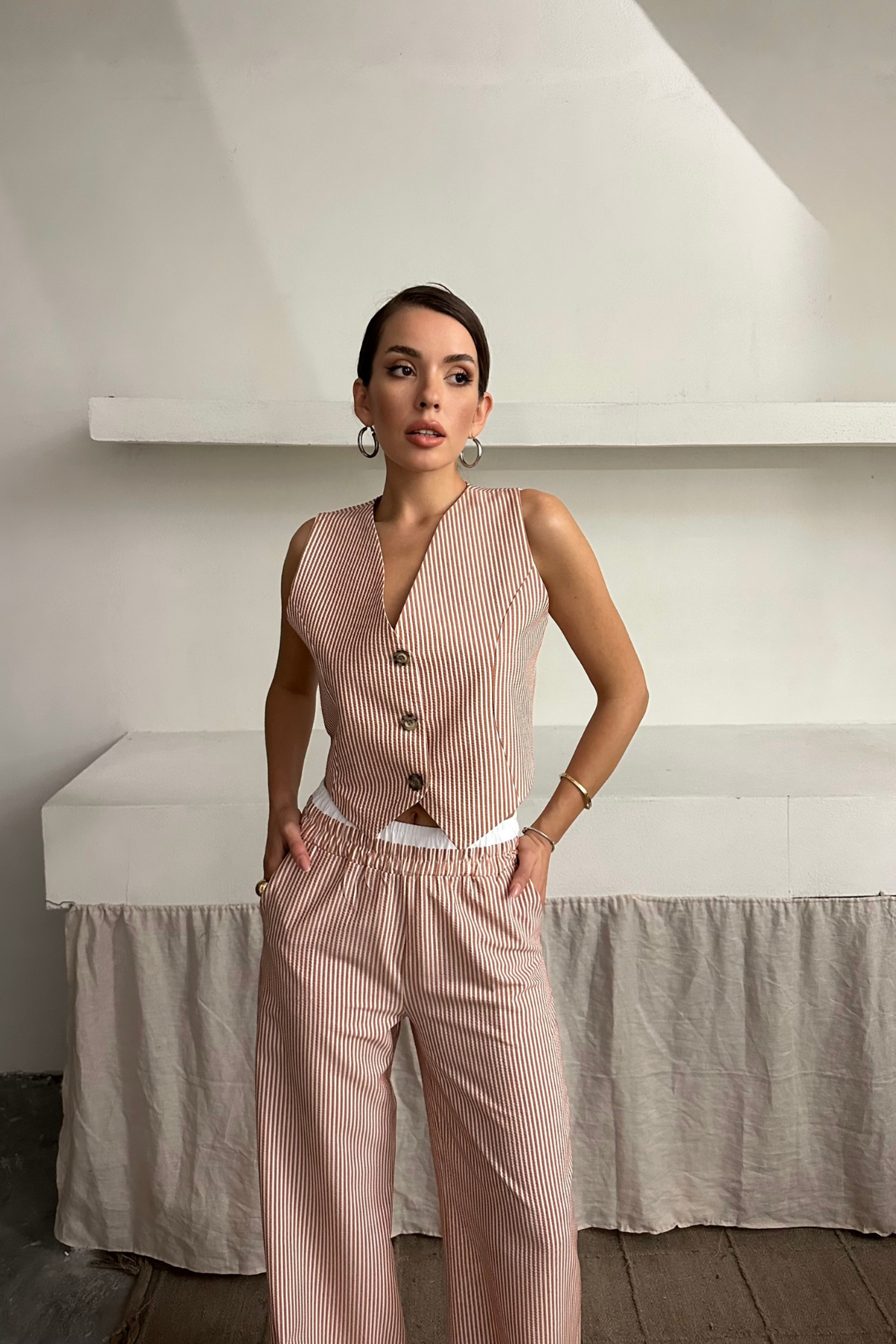 GOFRE ÇİZGİLİ YELEK - PANTOLON TAKIM - Kahverengi