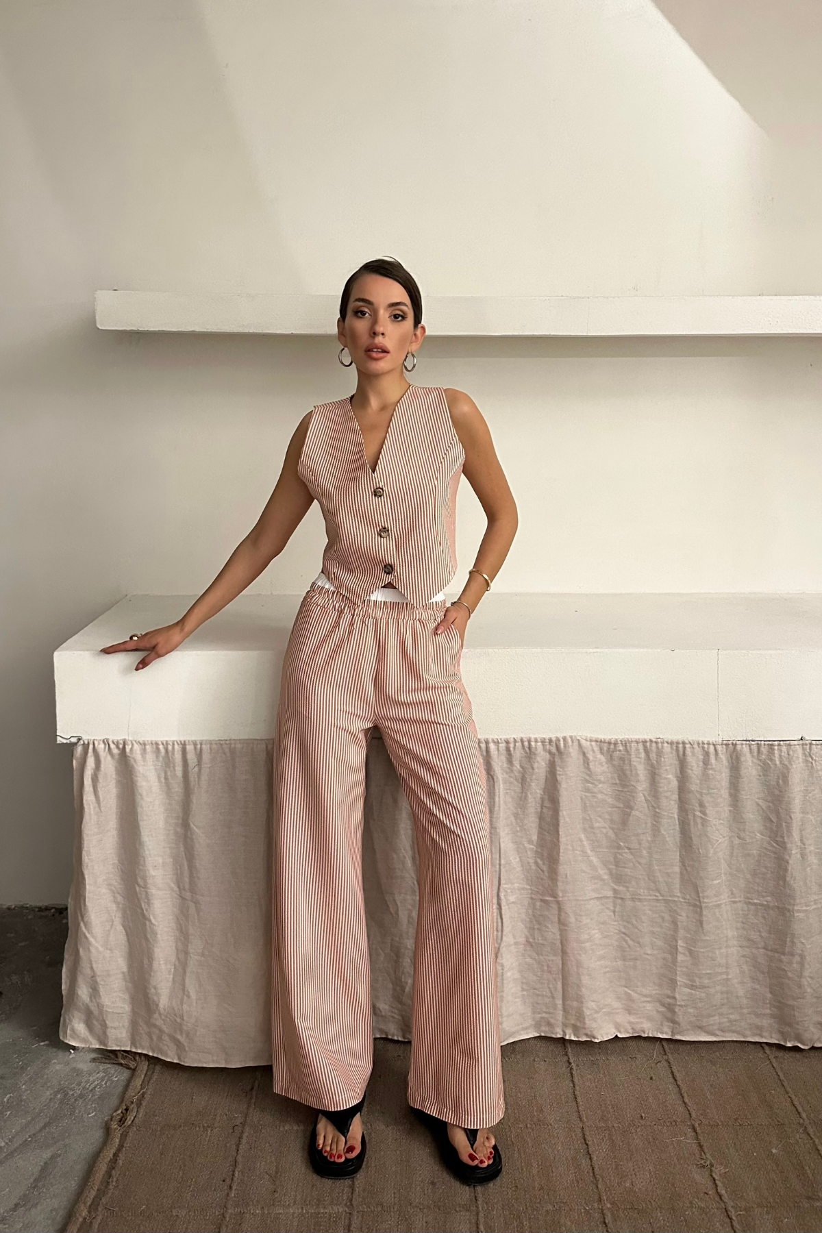 GOFRE ÇİZGİLİ YELEK - PANTOLON TAKIM - Kahverengi