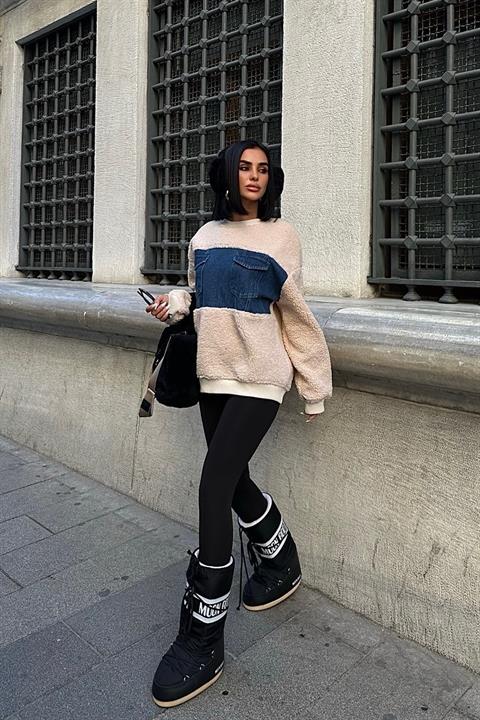 Göğsü Denim Garnili Sweatshirt 3402