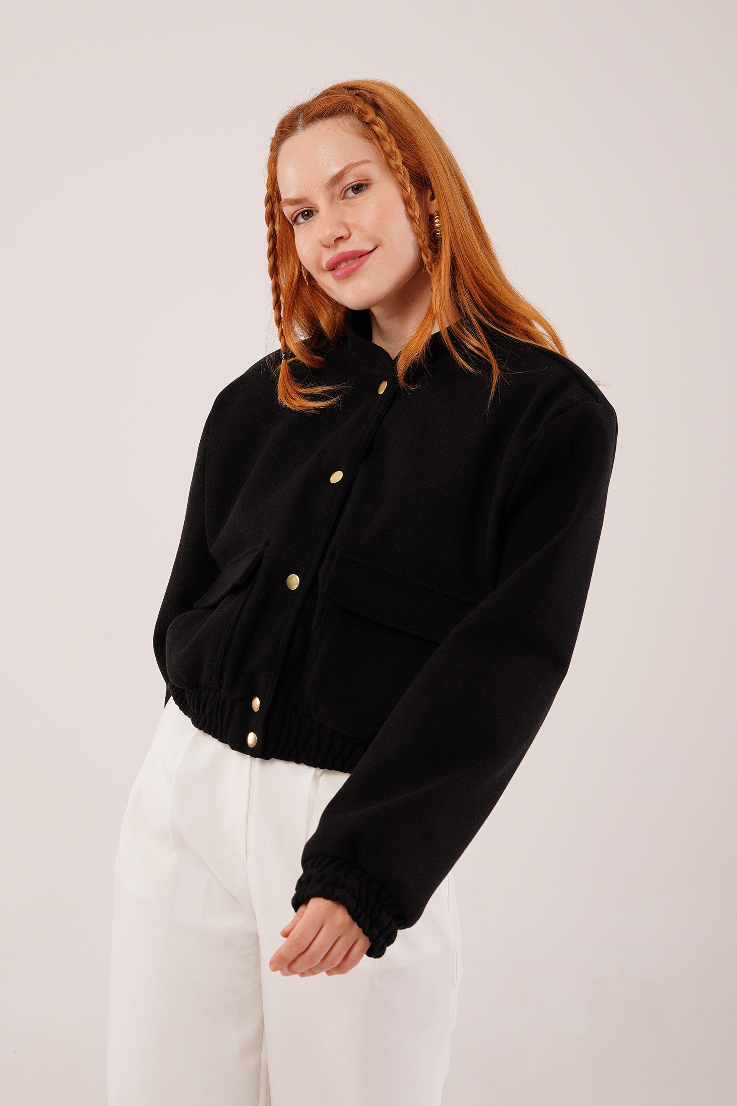 Gold Düğmeli Kaşe Toptan Siyah Bomber Ceket Siyah S