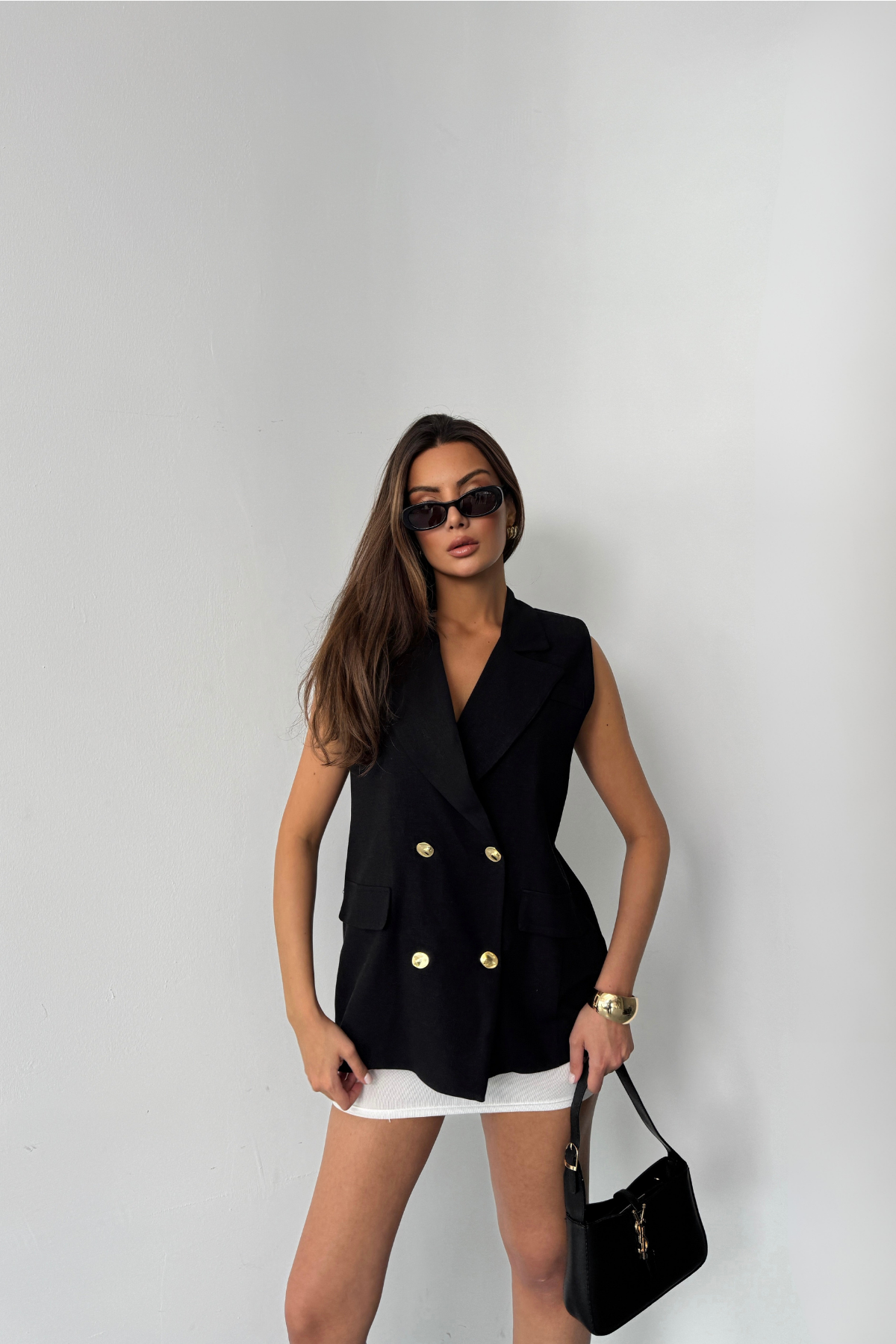 GOLD DÜĞMELİ KETEN YELEK - Siyah