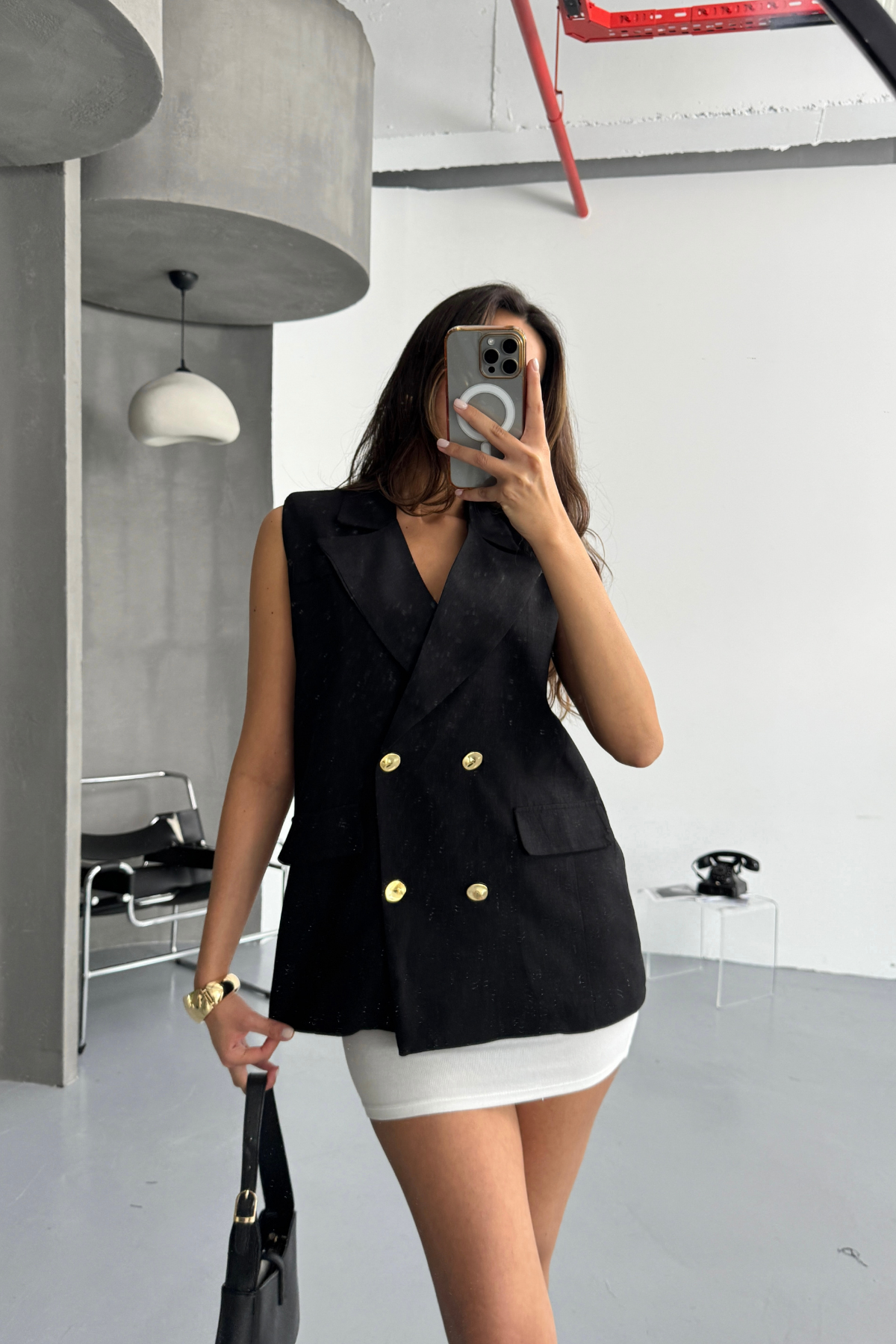 GOLD DÜĞMELİ KETEN YELEK - Siyah