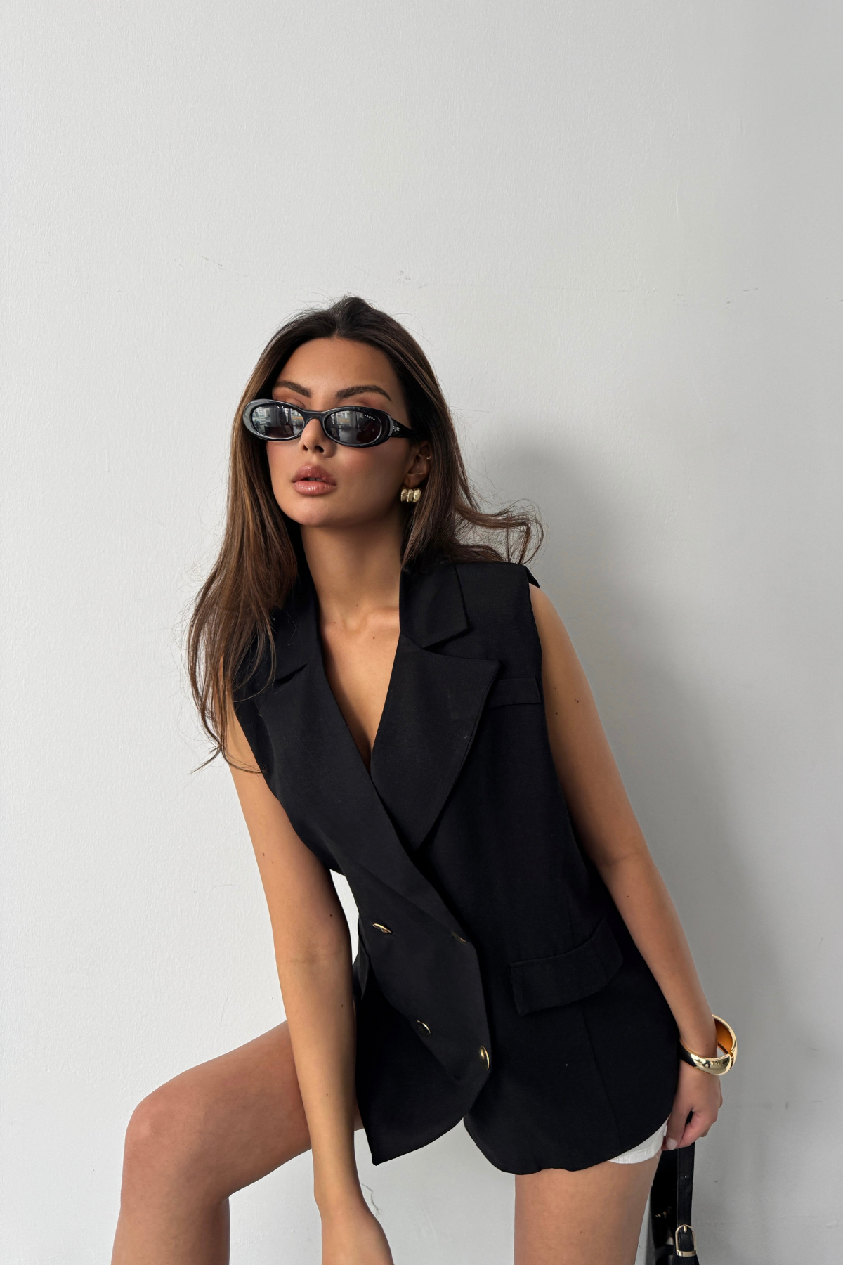 GOLD DÜĞMELİ KETEN YELEK - Siyah