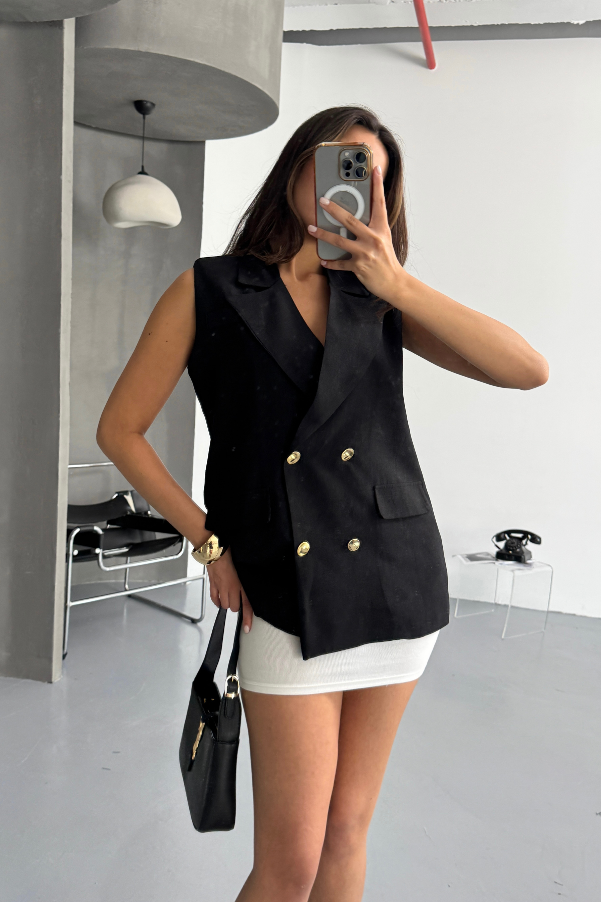 GOLD DÜĞMELİ KETEN YELEK - Siyah