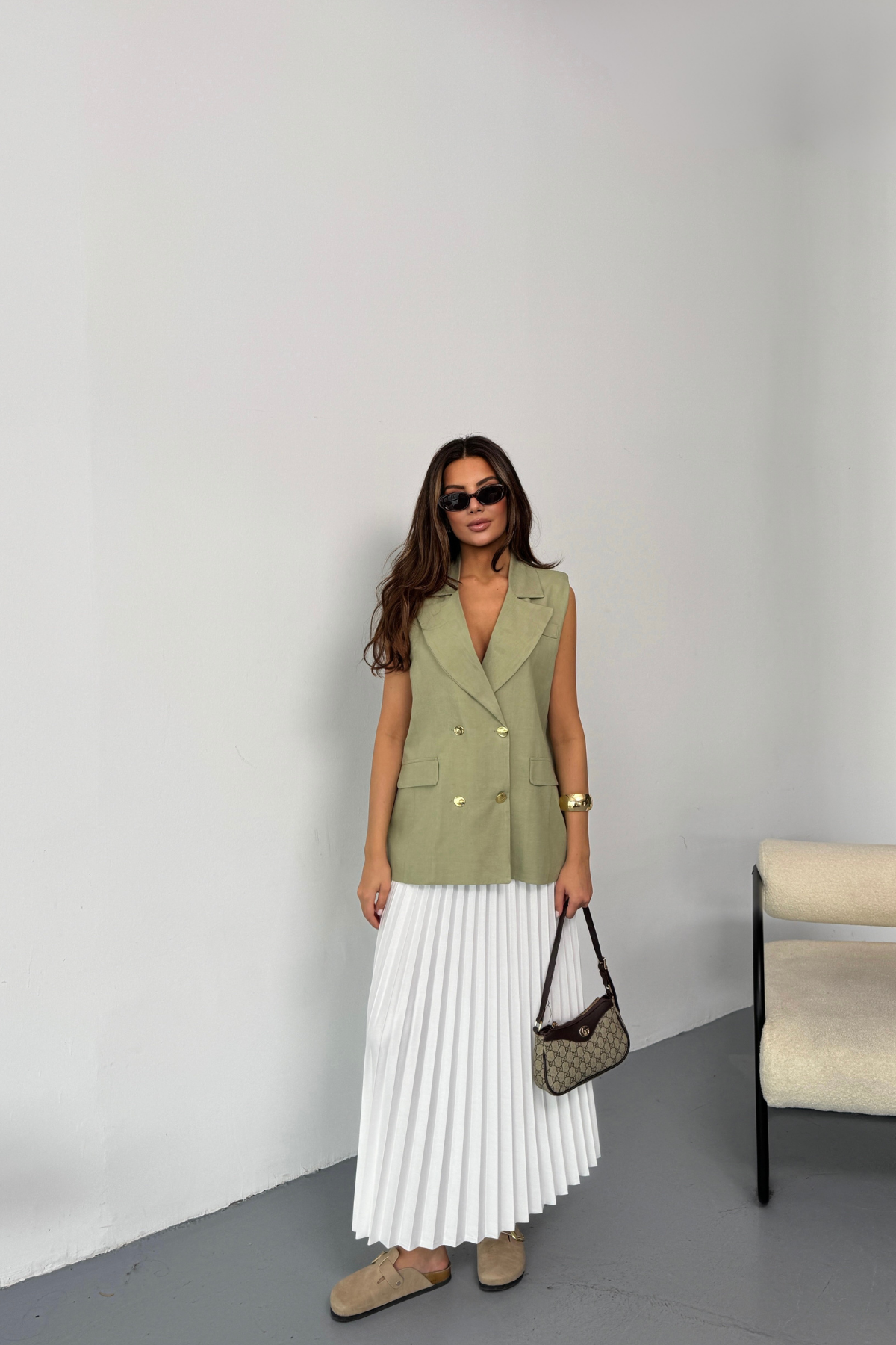 GOLD DÜĞMELİ KETEN YELEK - Yeşil