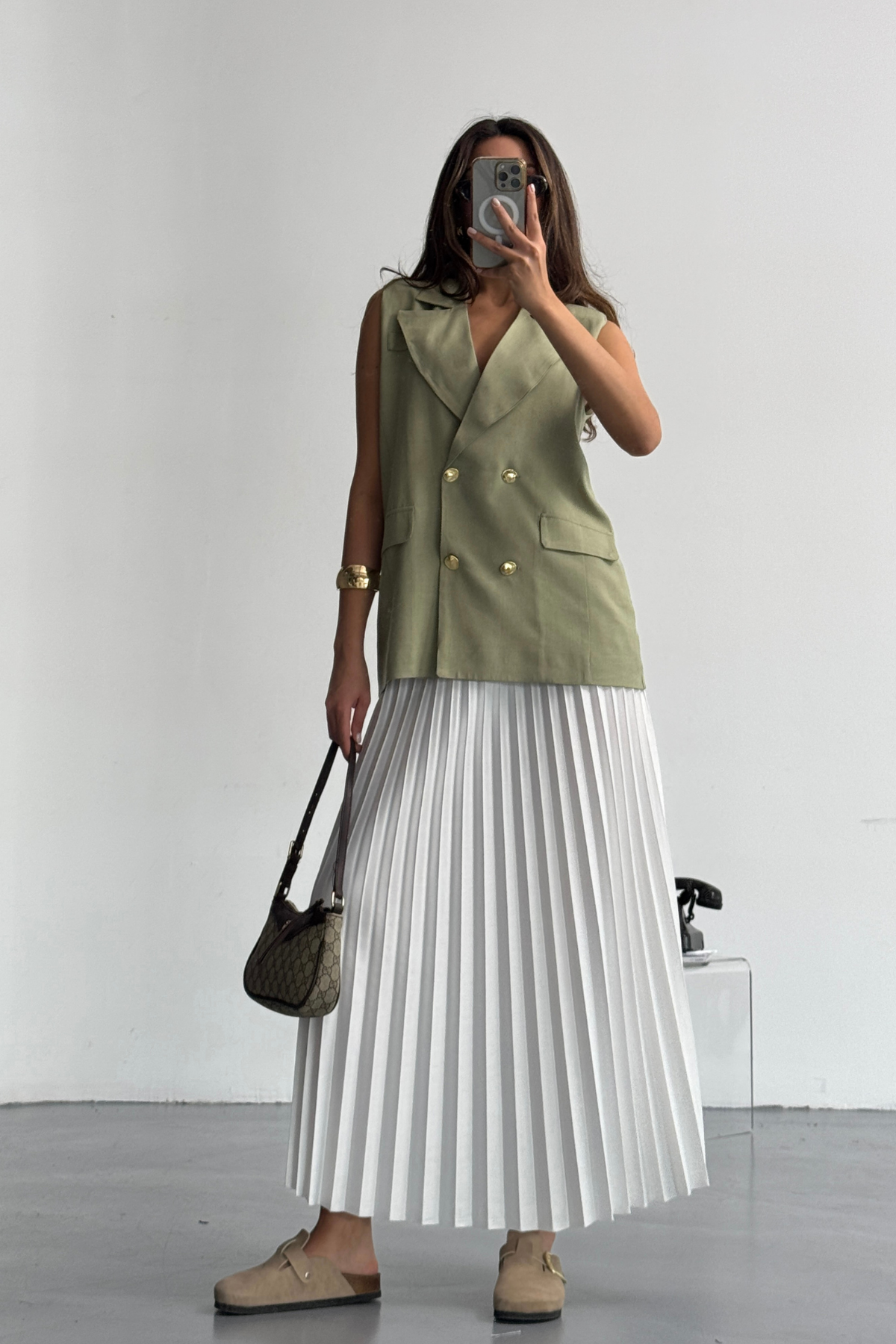 GOLD DÜĞMELİ KETEN YELEK - Yeşil