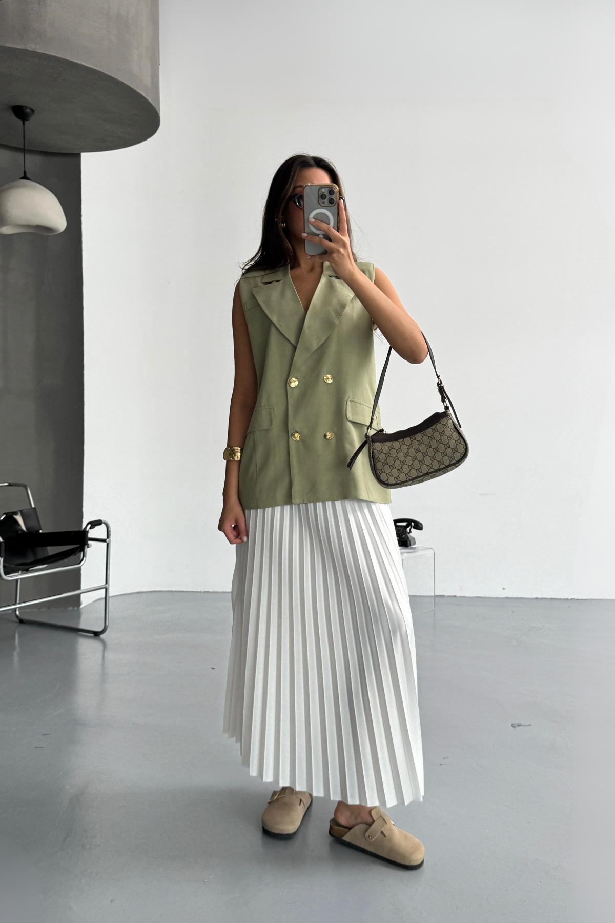 GOLD DÜĞMELİ KETEN YELEK - Yeşil