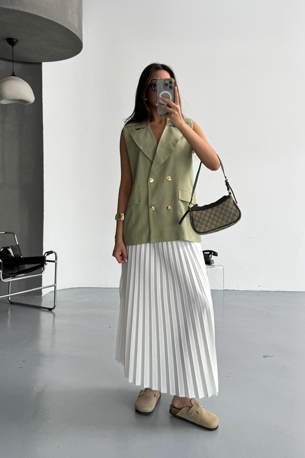 GOLD DÜĞMELİ KETEN YELEK - Yeşil