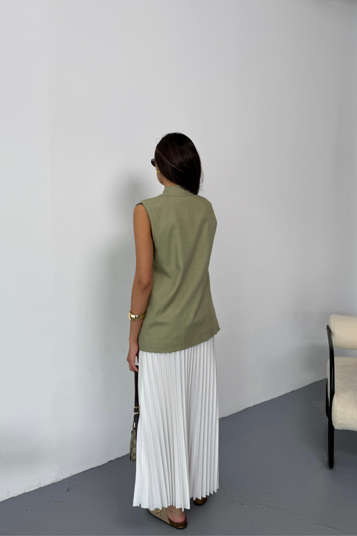 GOLD DÜĞMELİ KETEN YELEK - Yeşil