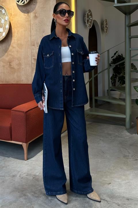 Gömlek ve Palazzo Pantolon Klasik Denim Takım 10070