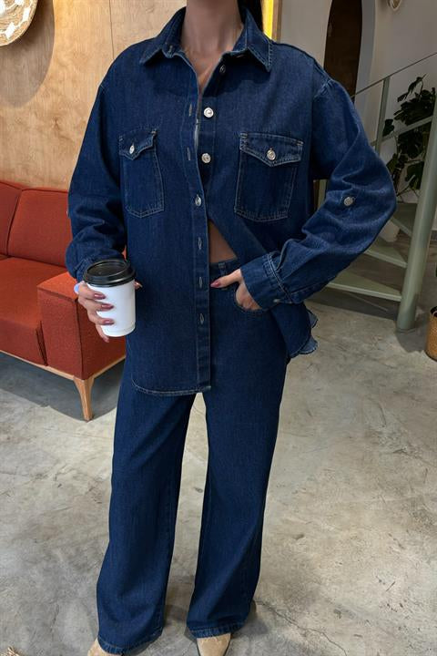 Gömlek ve Palazzo Pantolon Klasik Denim Takım 10070