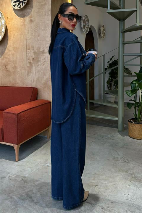 Gömlek ve Palazzo Pantolon Klasik Denim Takım 10070