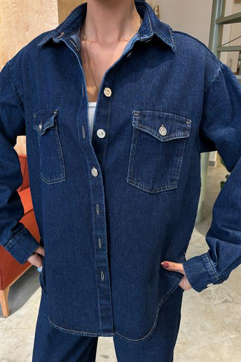 Gömlek ve Palazzo Pantolon Klasik Denim Takım 10070
