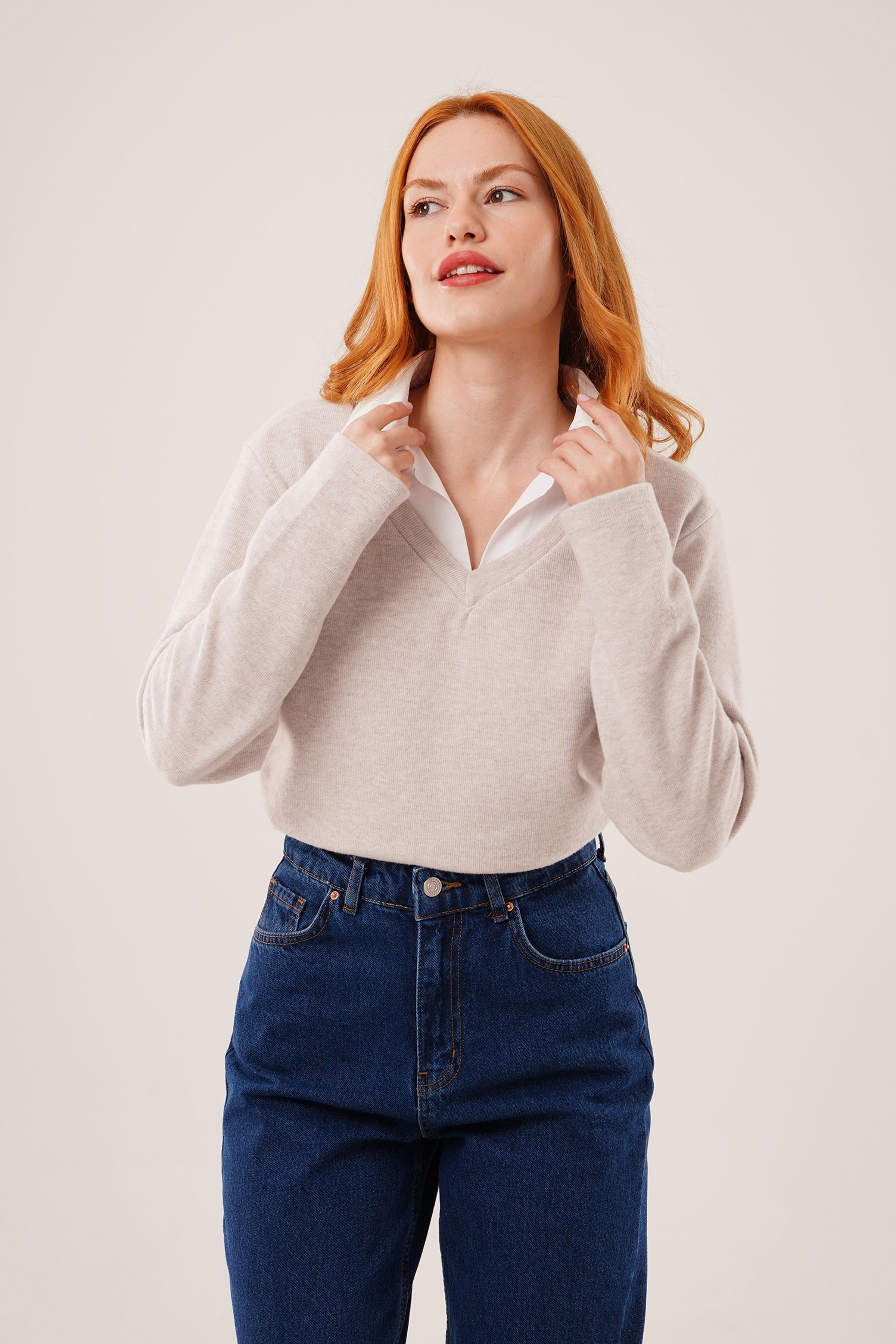 Gömlek Yaka Detaylı Toptan Taş Bluz