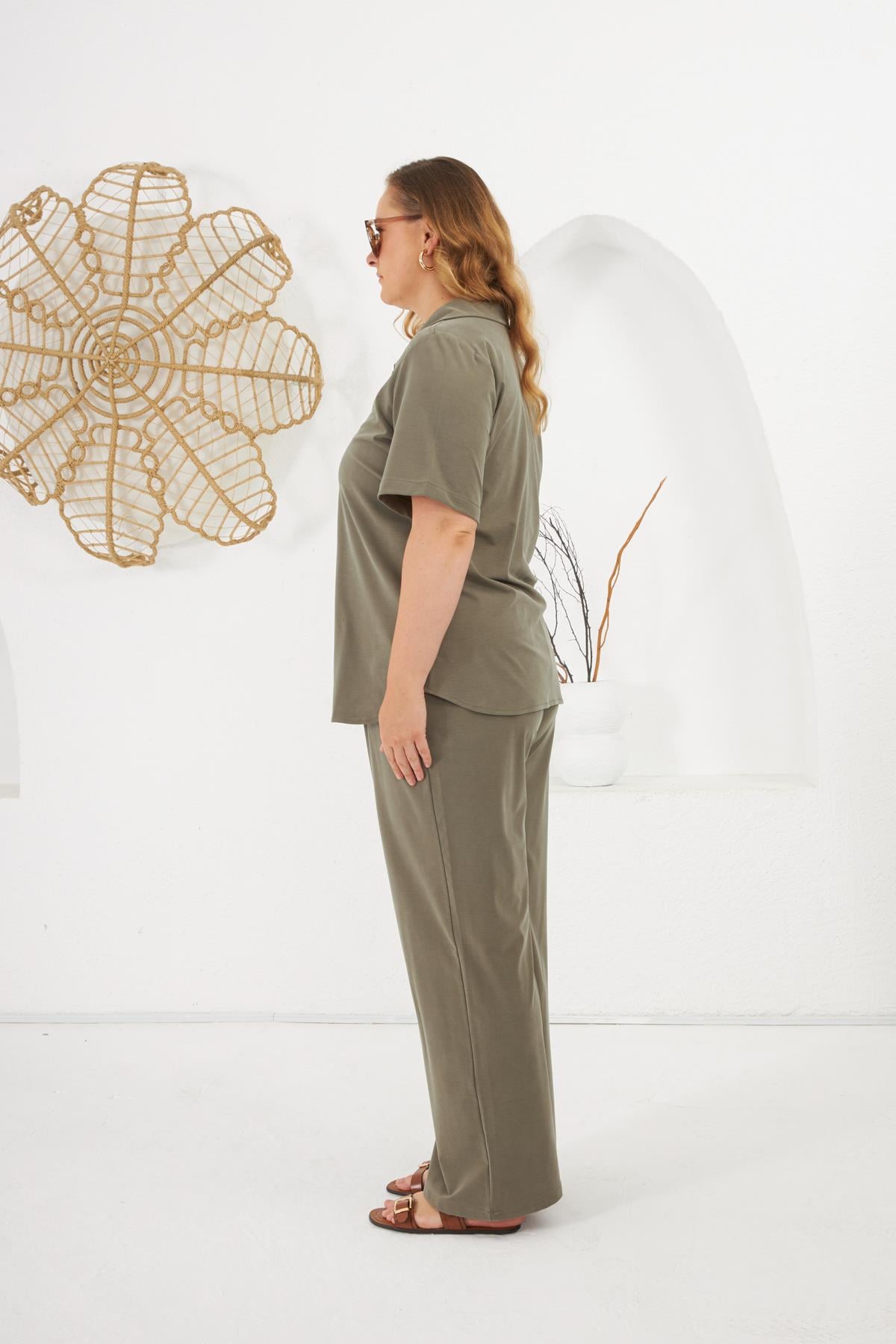 Plus Size Collared Short Sleeve Top and Bottom Set Khaki