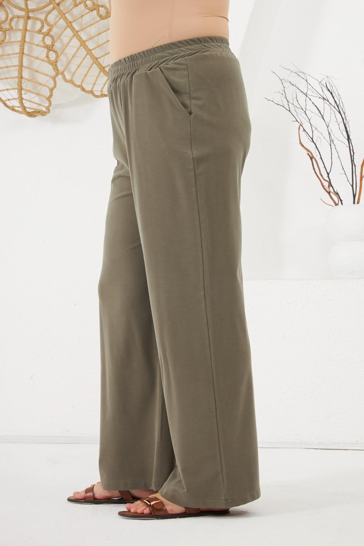Plus Size Collared Short Sleeve Top and Bottom Set Khaki